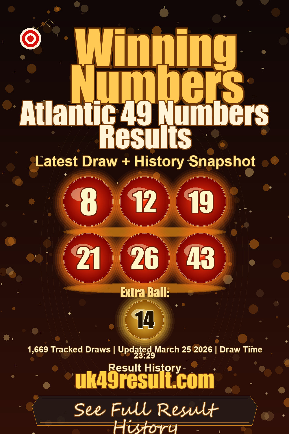 Atlantic 49 Numbers Results image showing 8, 12, 19, 21, 26, 43. extra ball: 14