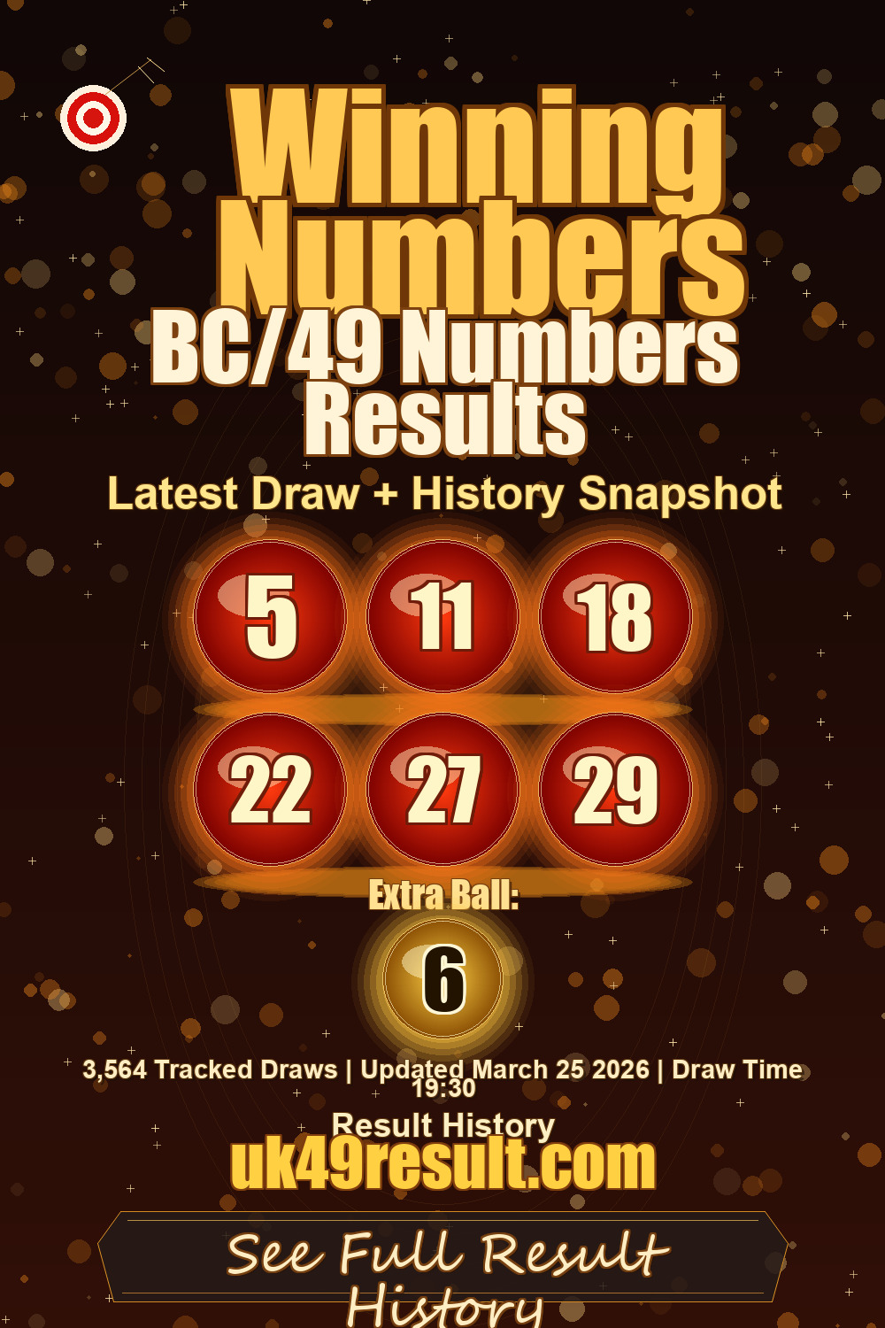 BC/49 Numbers Results image showing 5, 11, 18, 22, 27, 29. extra ball: 6