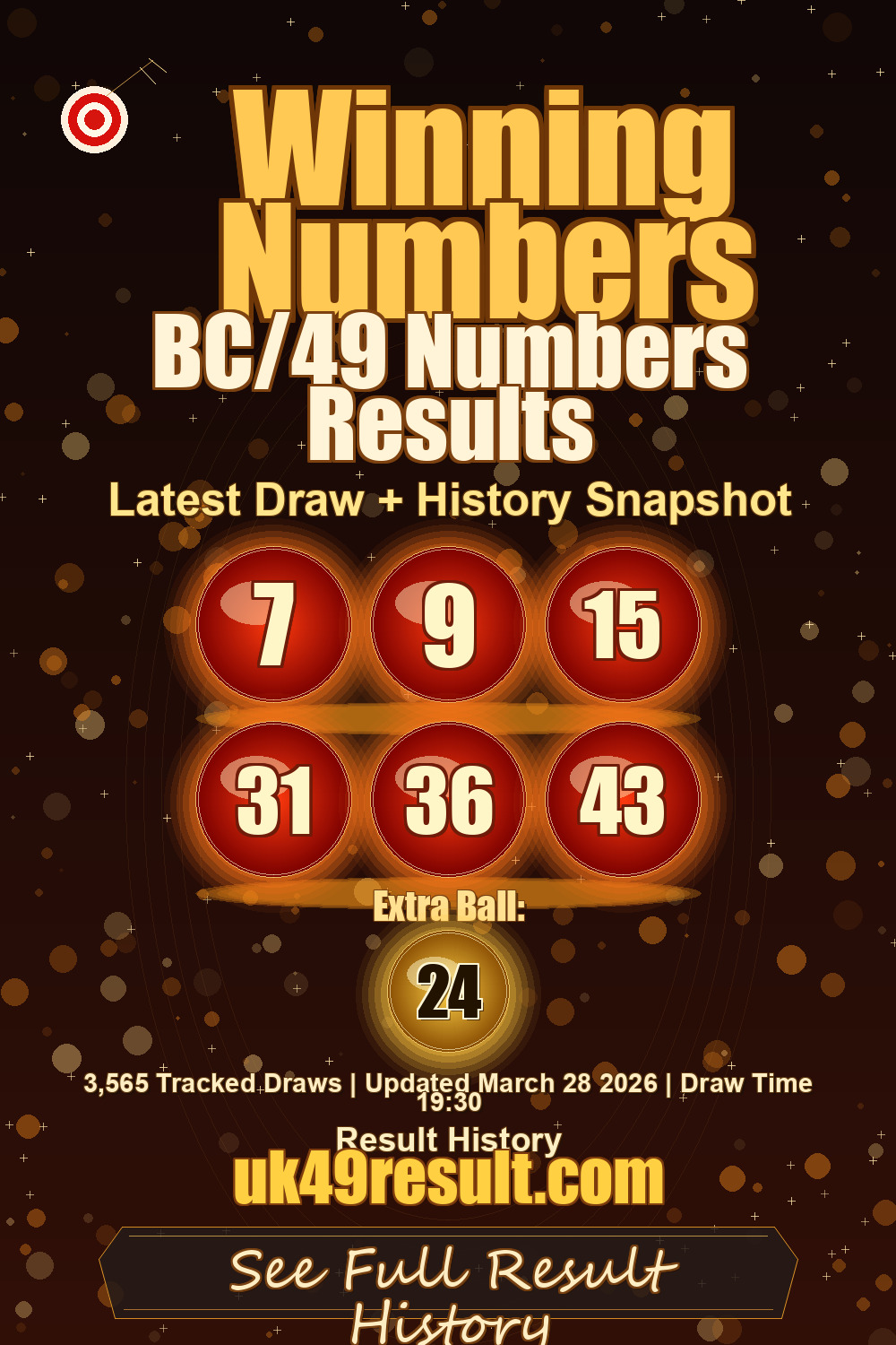 BC/49 Numbers Results image showing 7, 9, 15, 31, 36, 43. extra ball: 24