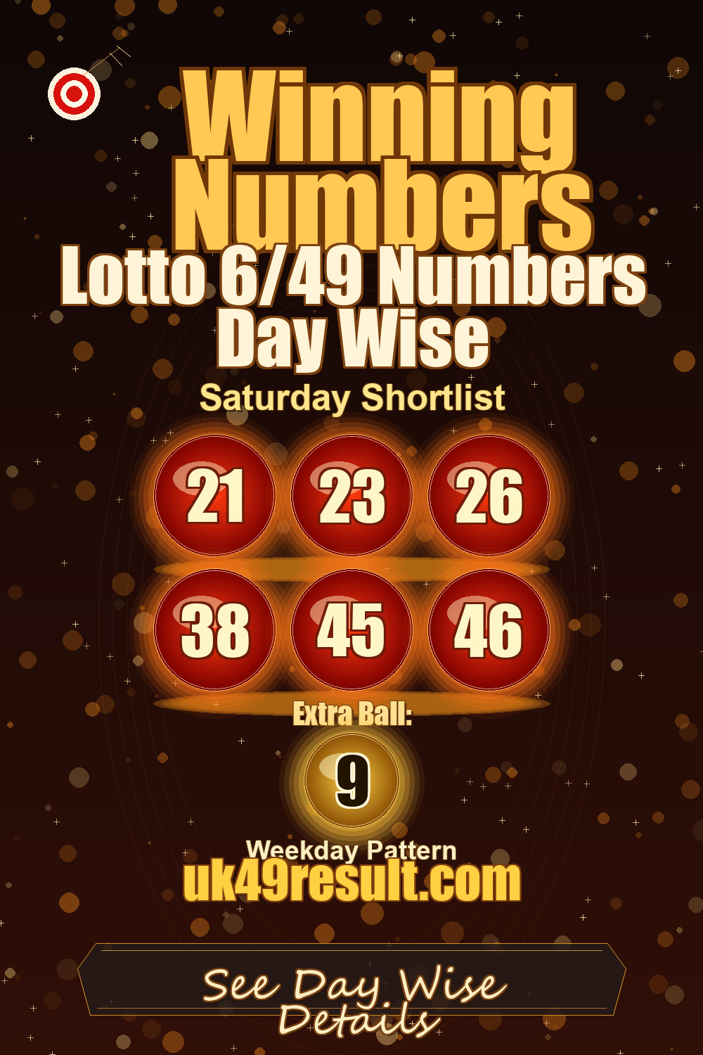 Lotto 6/49 Numbers Day Wise image showing 21, 23, 26, 38, 45, 46. extra ball: 9