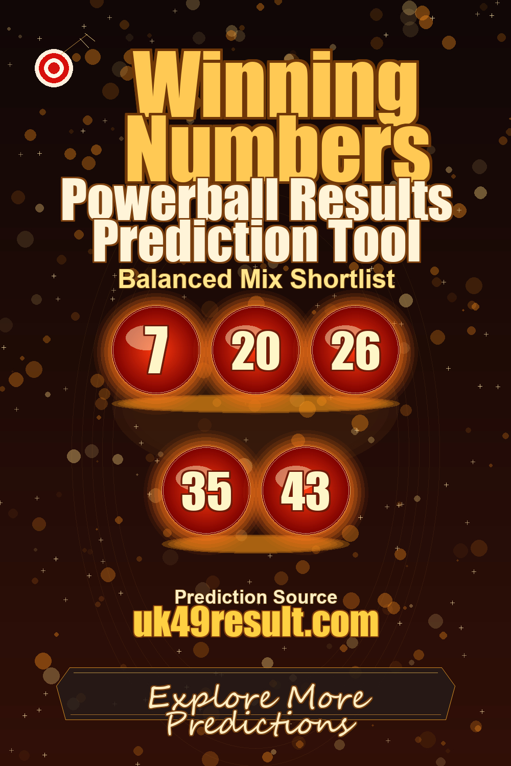 Powerball Results Prediction Tool image showing 7, 20, 26, 35, 43