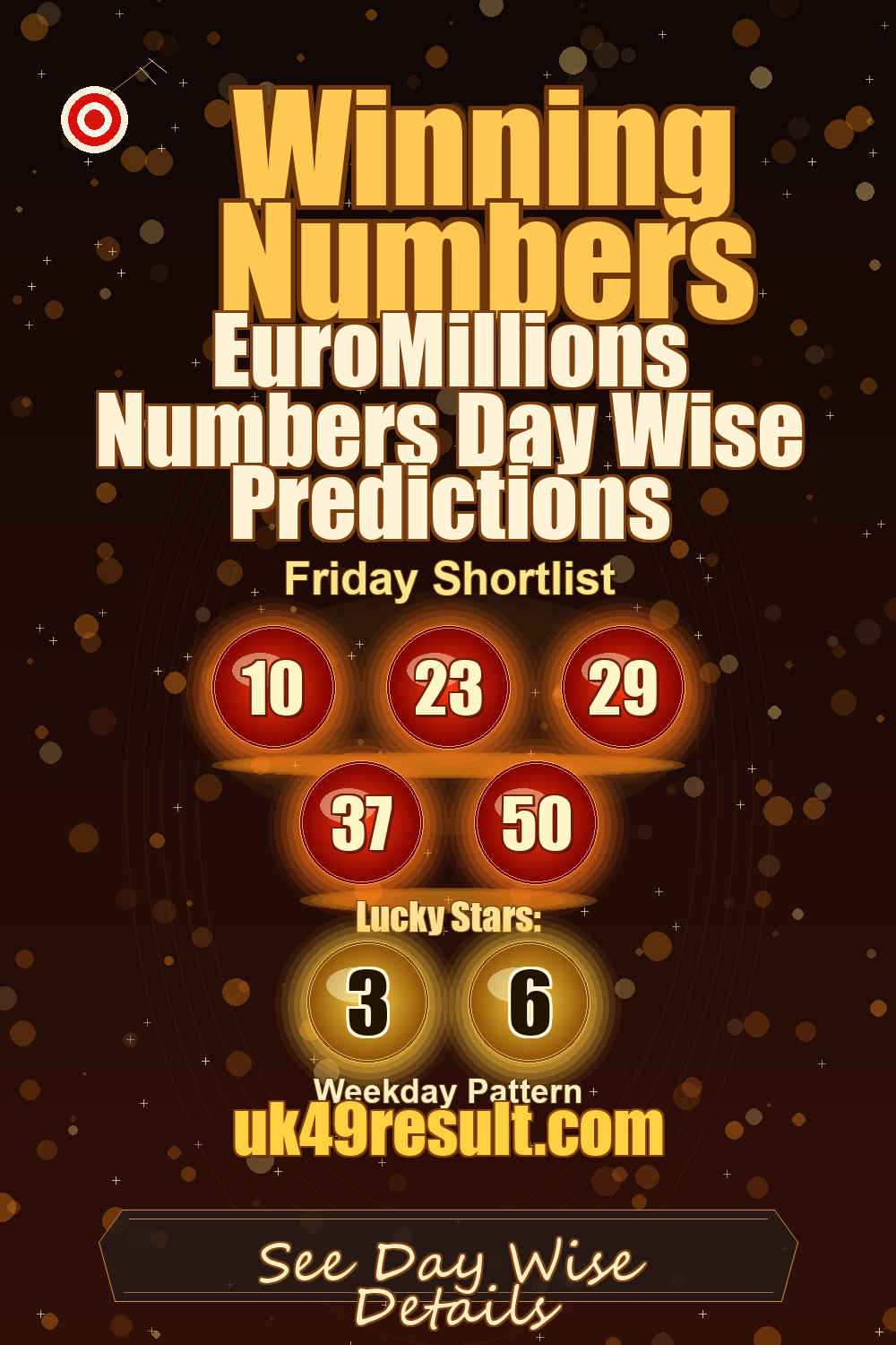 EuroMillions Numbers Day Wise Predictions image showing 10, 23, 29, 37, 50. lucky stars: 3, 6
