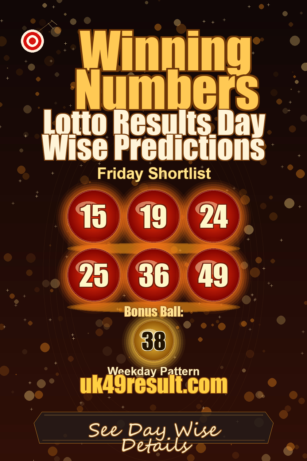 Lotto Results Day Wise Predictions image showing 15, 19, 24, 25, 36, 49. bonus ball: 38