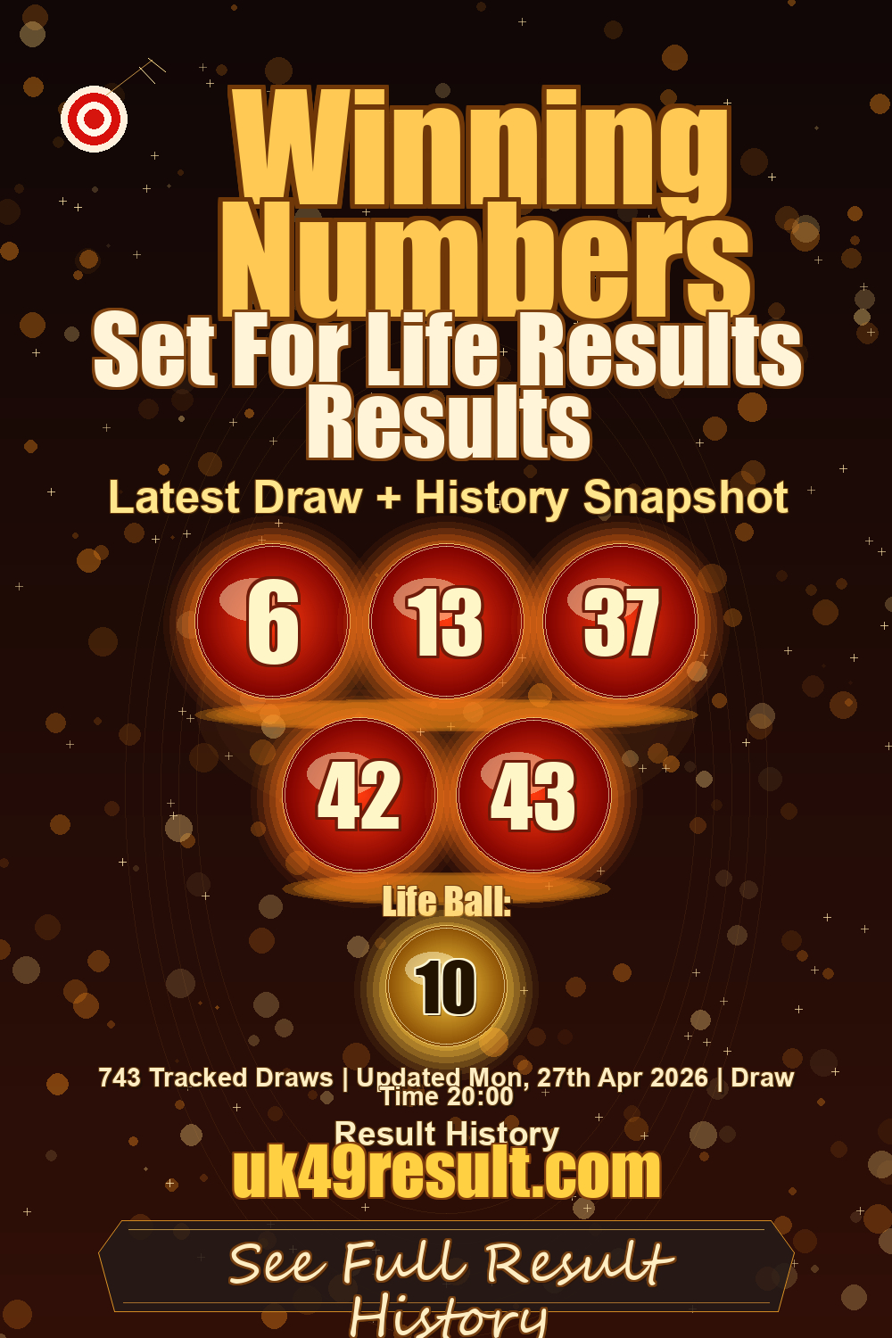 Set For Life Results Results image showing 6, 13, 37, 42, 43. life ball: 10