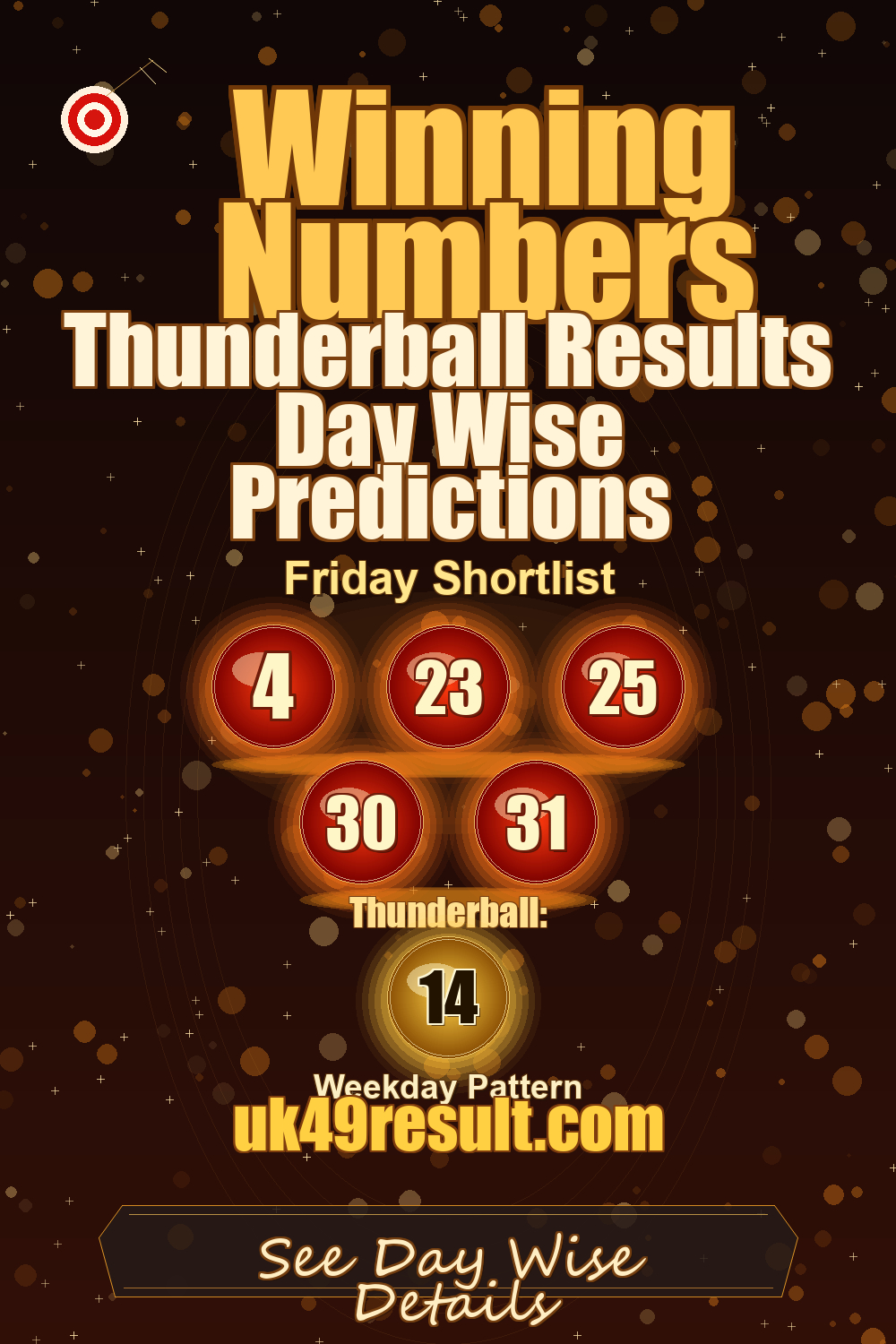 Thunderball Results Day Wise Predictions image showing 4, 23, 25, 30, 31. thunderball: 14