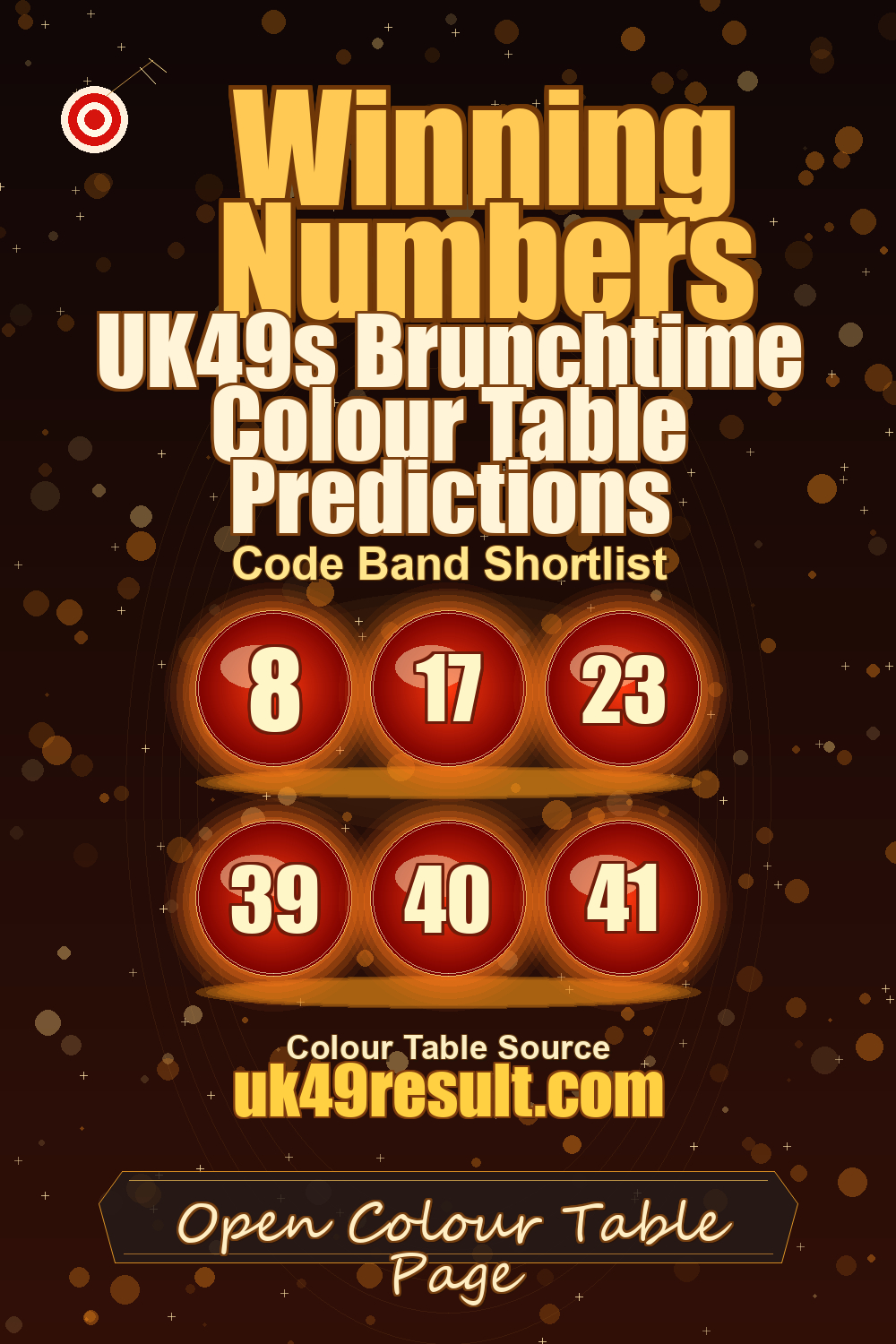 UK49s Brunchtime Colour Table Predictions image showing 8, 17, 23, 39, 40, 41