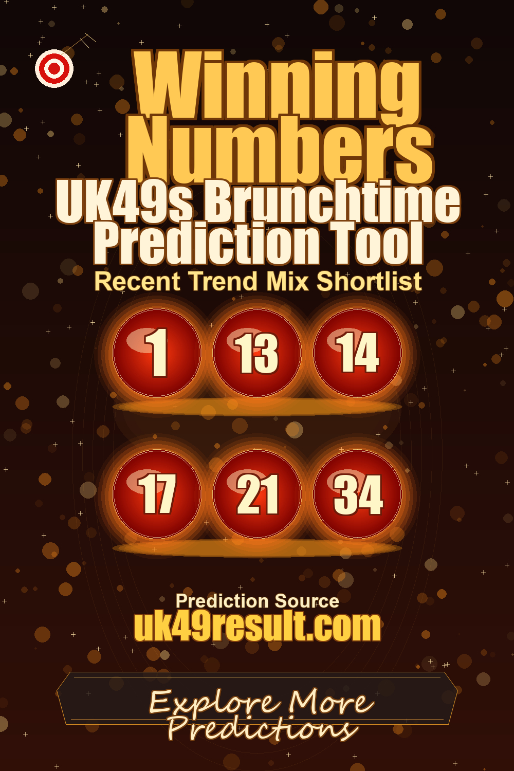 UK49s Brunchtime Prediction Tool image showing 1, 13, 14, 17, 21, 34