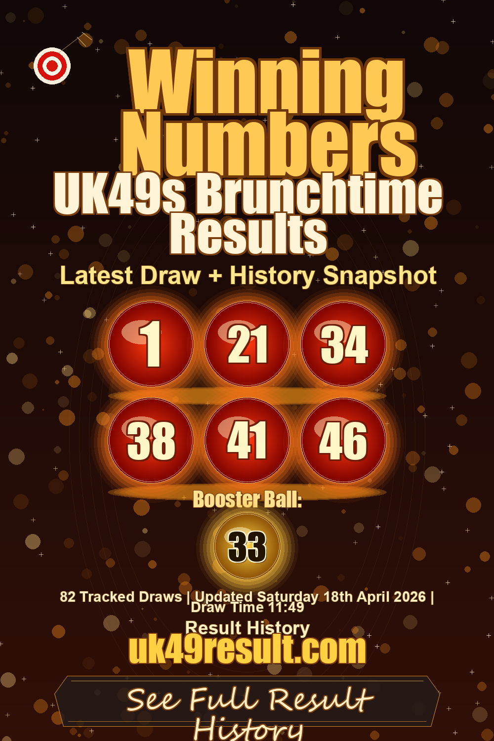 UK49s Brunchtime Results image showing 1, 21, 34, 38, 41, 46. booster ball: 33