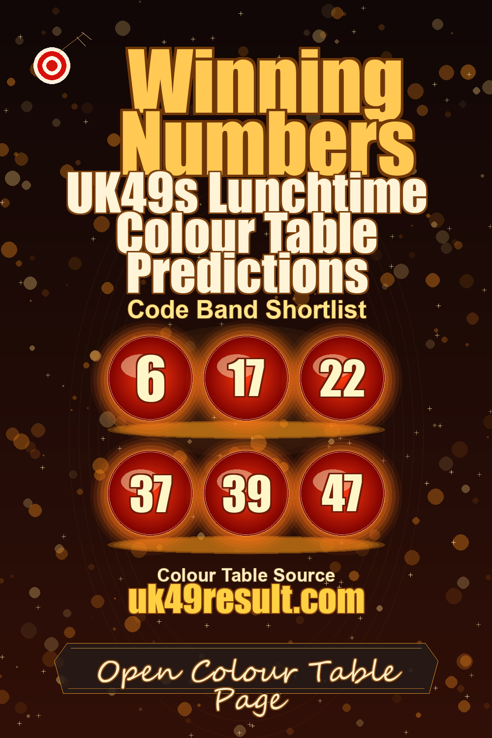 UK49s Lunchtime Colour Table Predictions image showing 6, 17, 22, 37, 39, 47