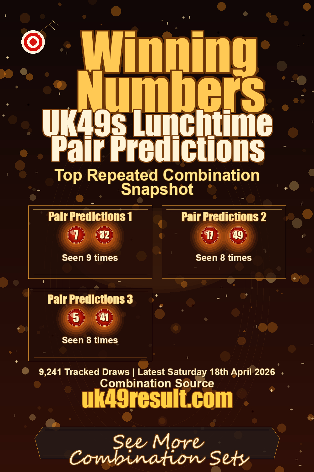 UK49s Lunchtime Pair Predictions image showing pair predictions 1: 7, 32. pair predictions 2: 17, 49. pair predictions 3: 5, 41
