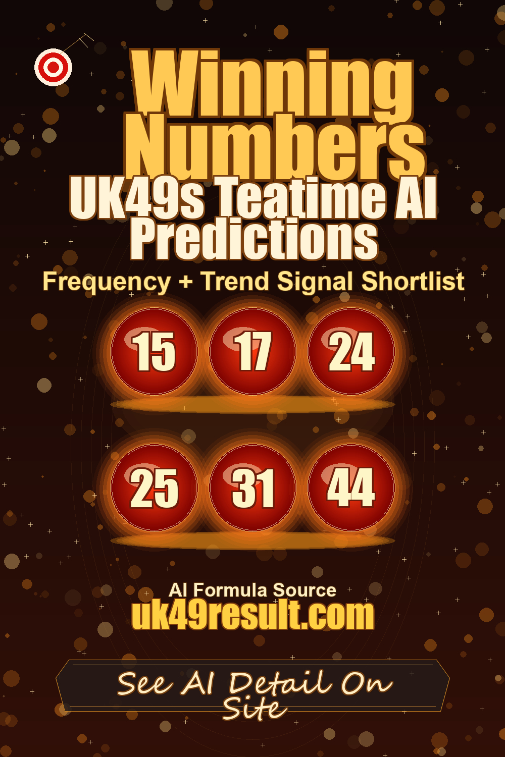UK49s Teatime AI Predictions image showing 15, 17, 24, 25, 31, 44