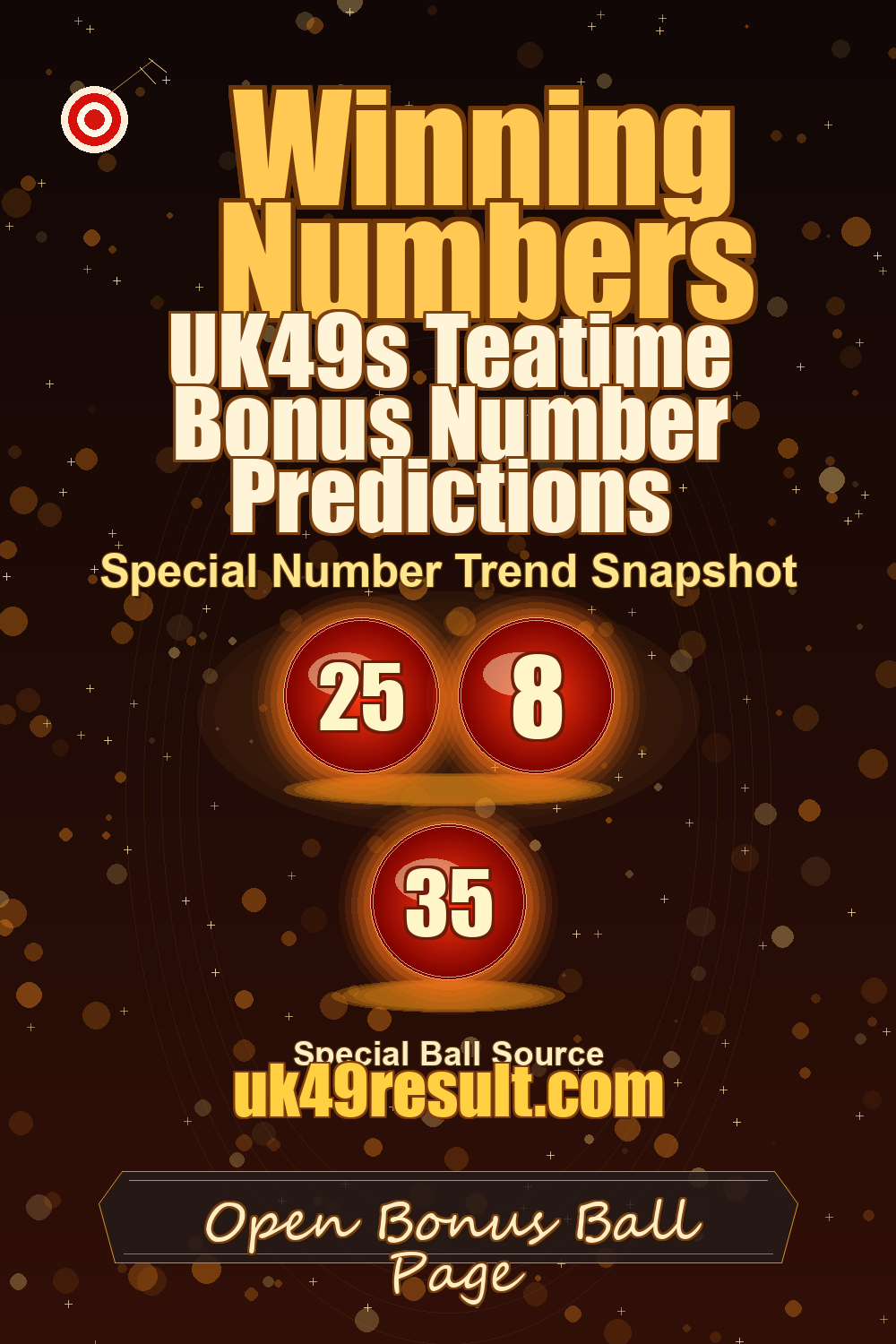 UK49s Teatime Bonus Number Predictions image showing booster ball: 25, 8, 35