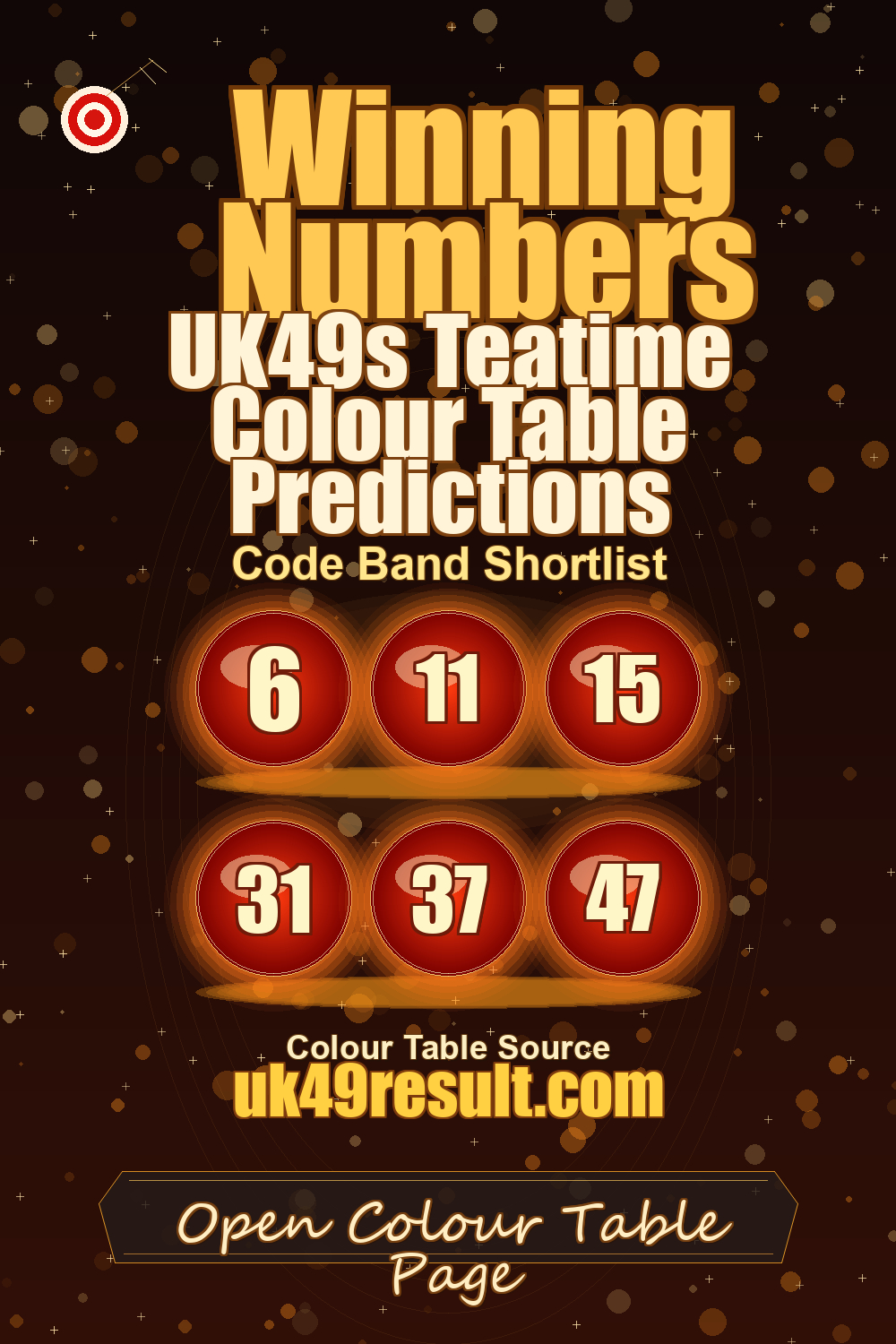 UK49s Teatime Colour Table Predictions image showing 6, 11, 15, 31, 37, 47