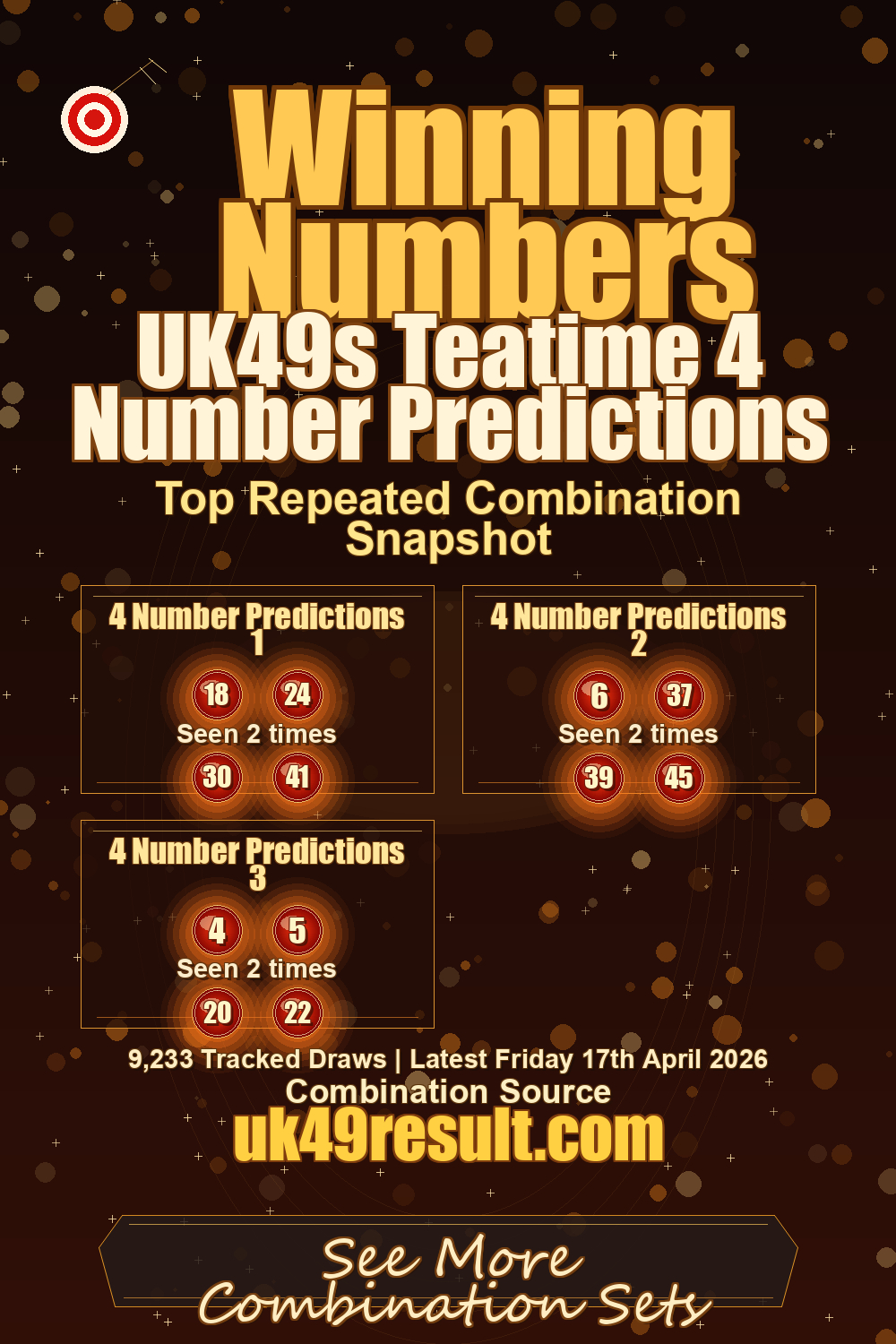 UK49s Teatime 4 Number Predictions image showing 4 number predictions 1: 18, 24, 30, 41. 4 number predictions 2: 6, 37, 39, 45. 4 number predictions 3: 4, 5, 20, 22