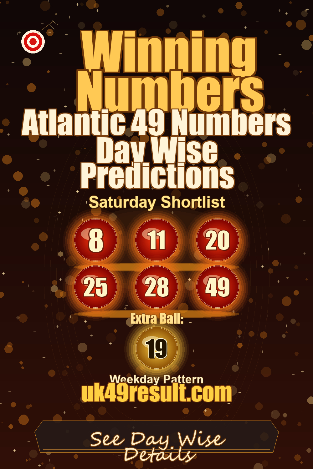 Atlantic 49 Numbers Day Wise Predictions image showing 8, 11, 20, 25, 28, 49. extra ball: 19