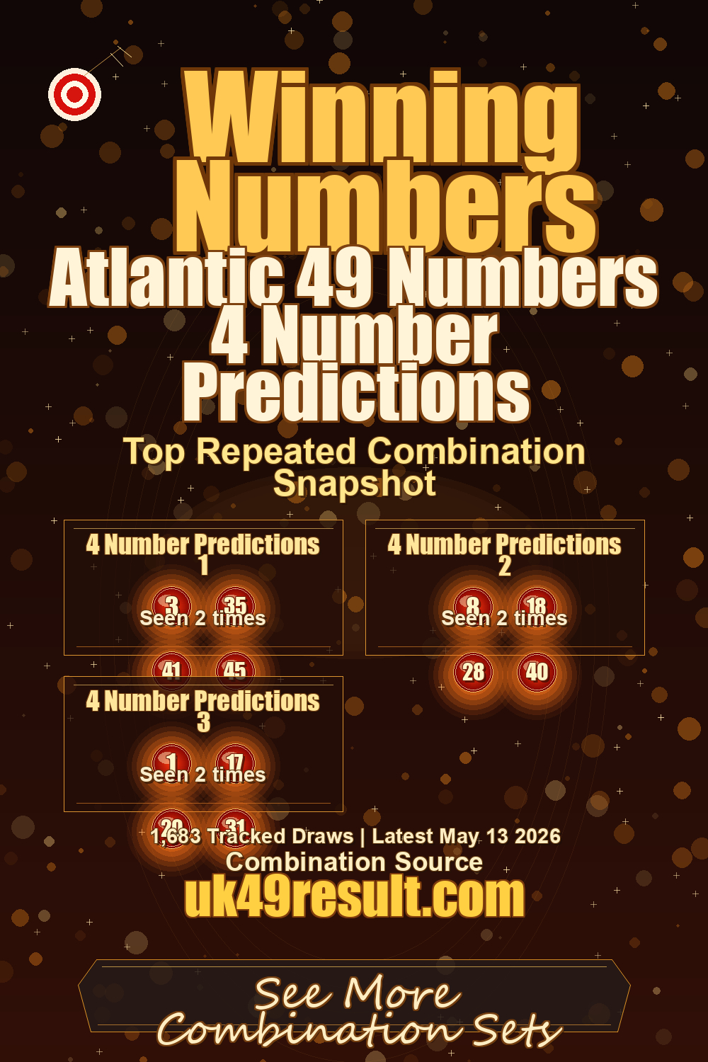 Atlantic 49 Numbers 4 Number Predictions image showing 4 number predictions 1: 3, 35, 41, 45. 4 number predictions 2: 8, 18, 28, 40. 4 number predictions 3: 1, 17, 20, 31