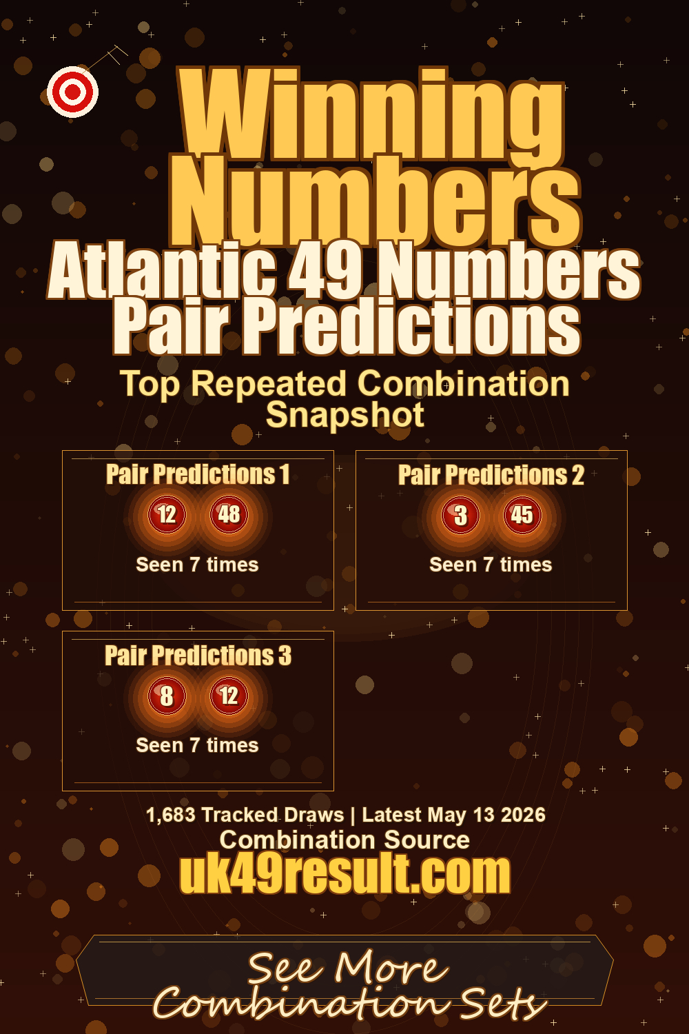 Atlantic 49 Numbers Pair Predictions image showing pair predictions 1: 12, 48. pair predictions 2: 3, 45. pair predictions 3: 8, 12