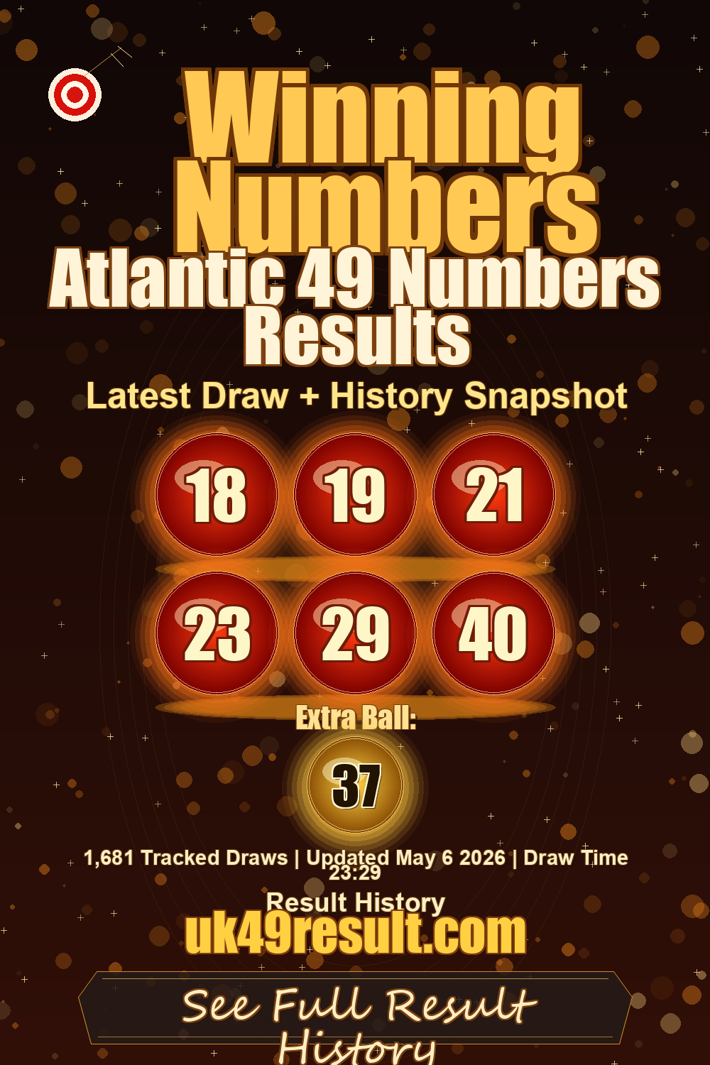 Atlantic 49 Numbers Results image showing 18, 19, 21, 23, 29, 40. extra ball: 37