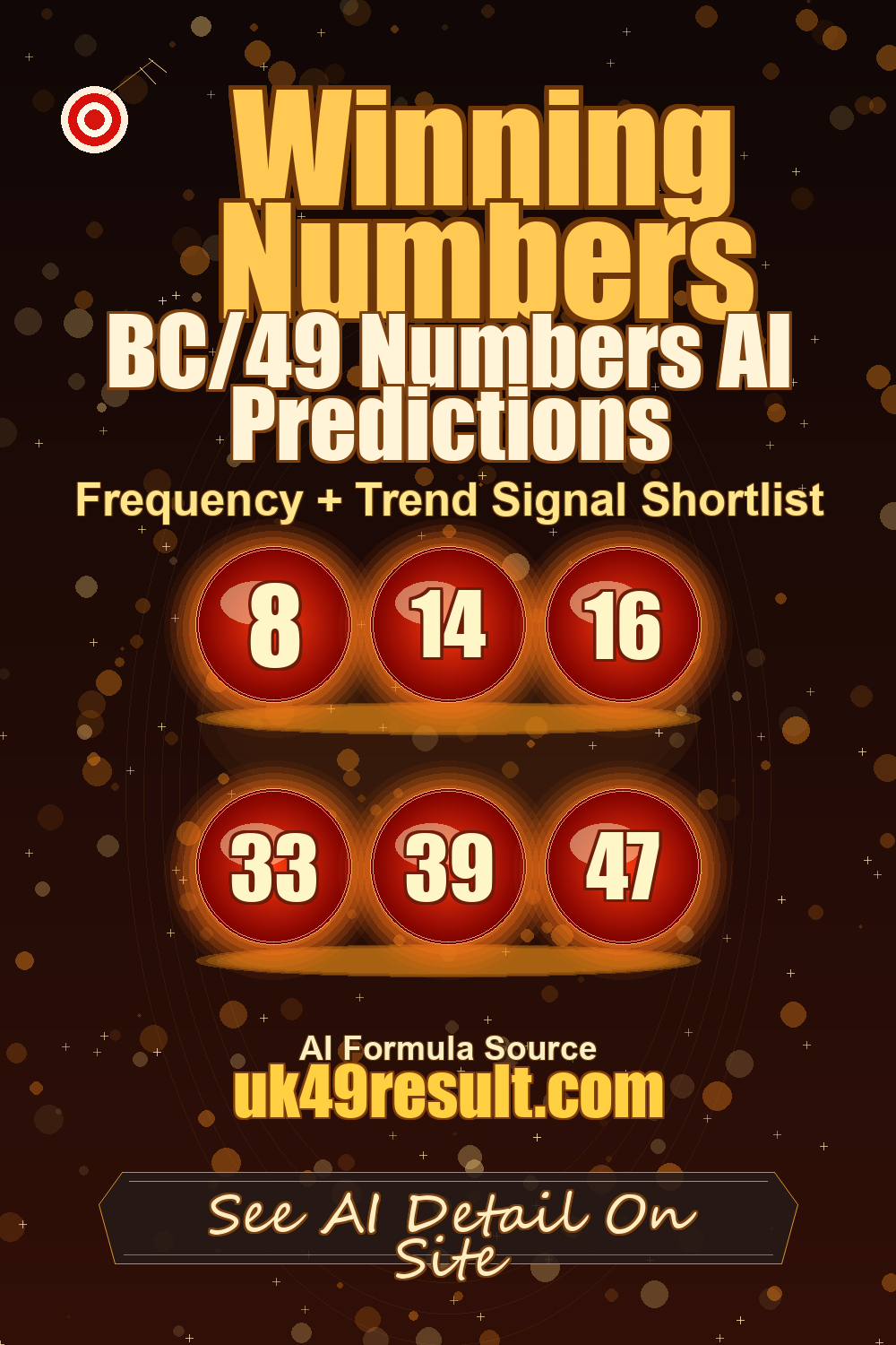BC/49 Numbers AI Predictions image showing 8, 14, 16, 33, 39, 47