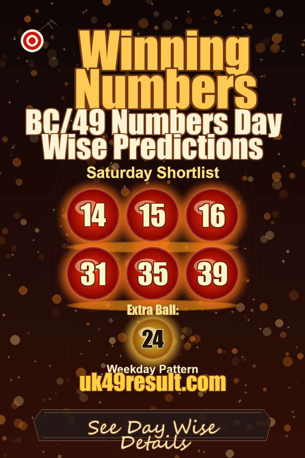 BC/49 Numbers Day Wise Predictions image showing 14, 15, 16, 31, 35, 39. extra ball: 24