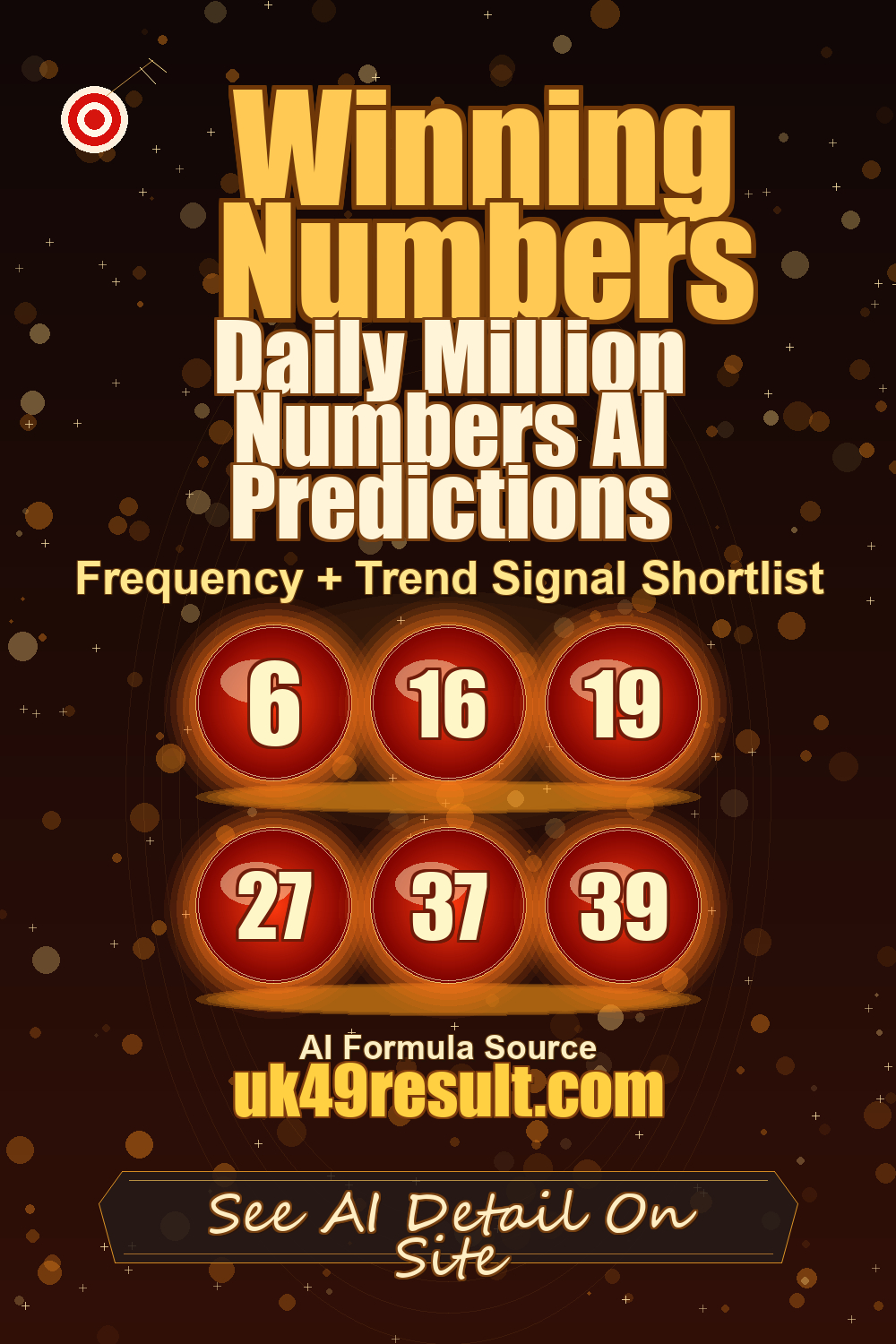 Daily Million Numbers AI Predictions image showing 6, 16, 19, 27, 37, 39