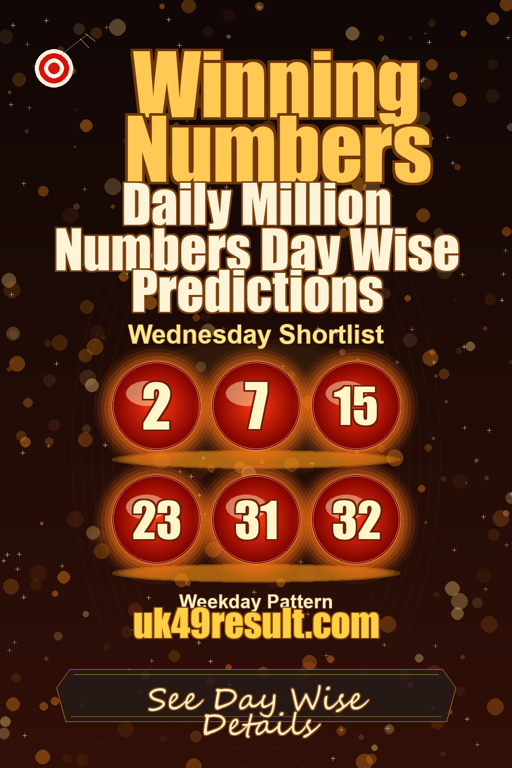 Daily Million Numbers Day Wise Predictions image showing 2, 7, 15, 23, 31, 32
