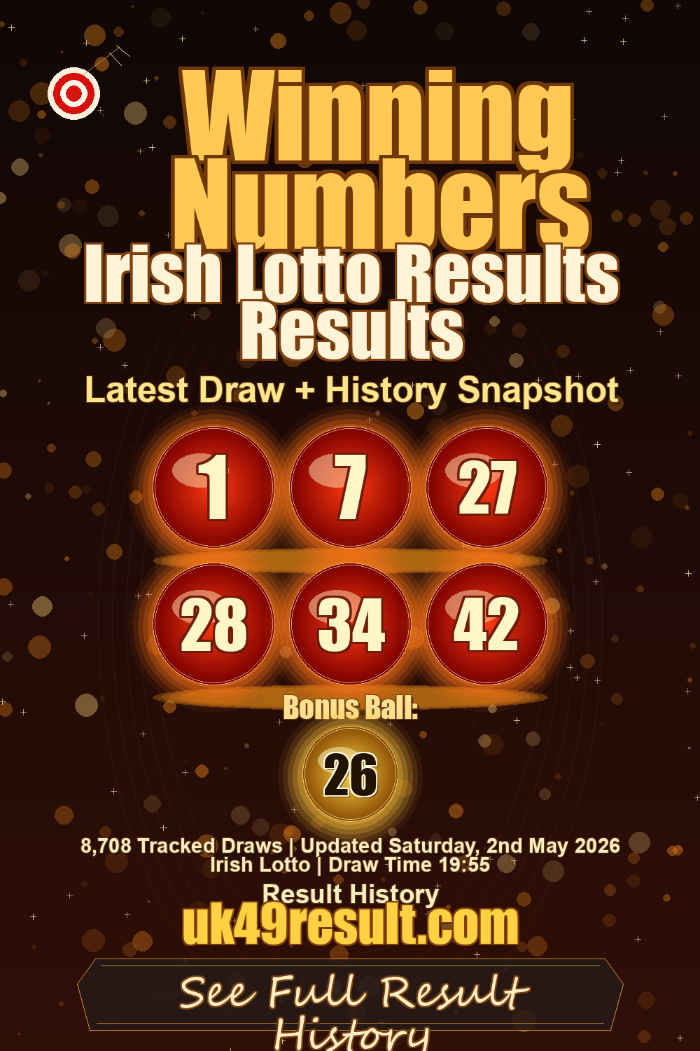 Irish Lotto Results Results image showing 1, 7, 27, 28, 34, 42. bonus ball: 26