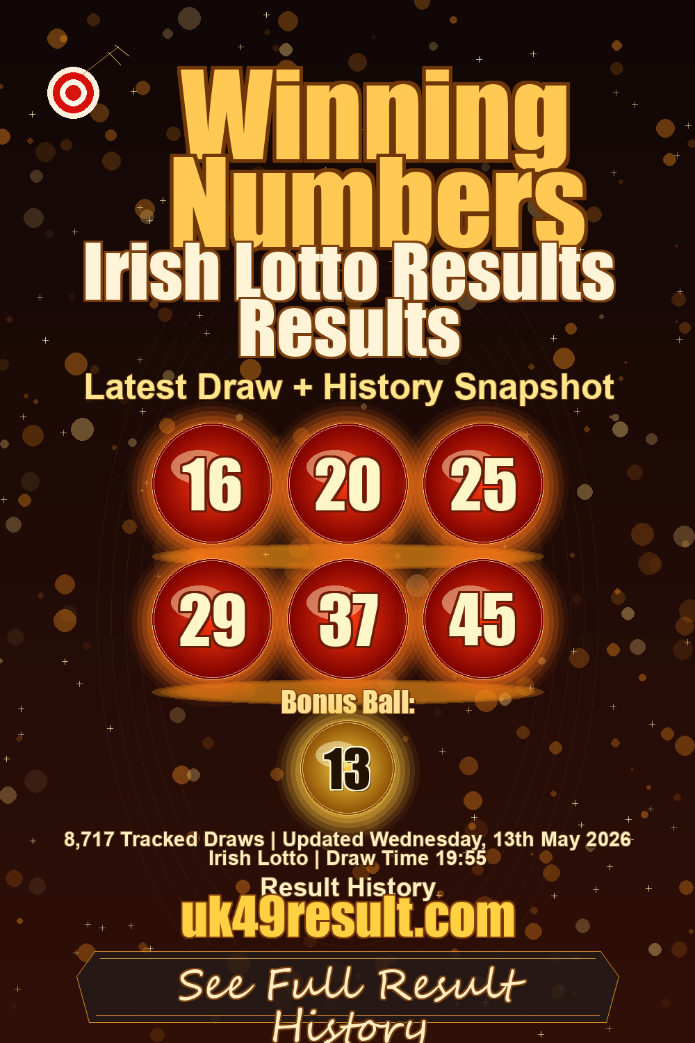 Irish Lotto Results Results image showing 16, 20, 25, 29, 37, 45. bonus ball: 13
