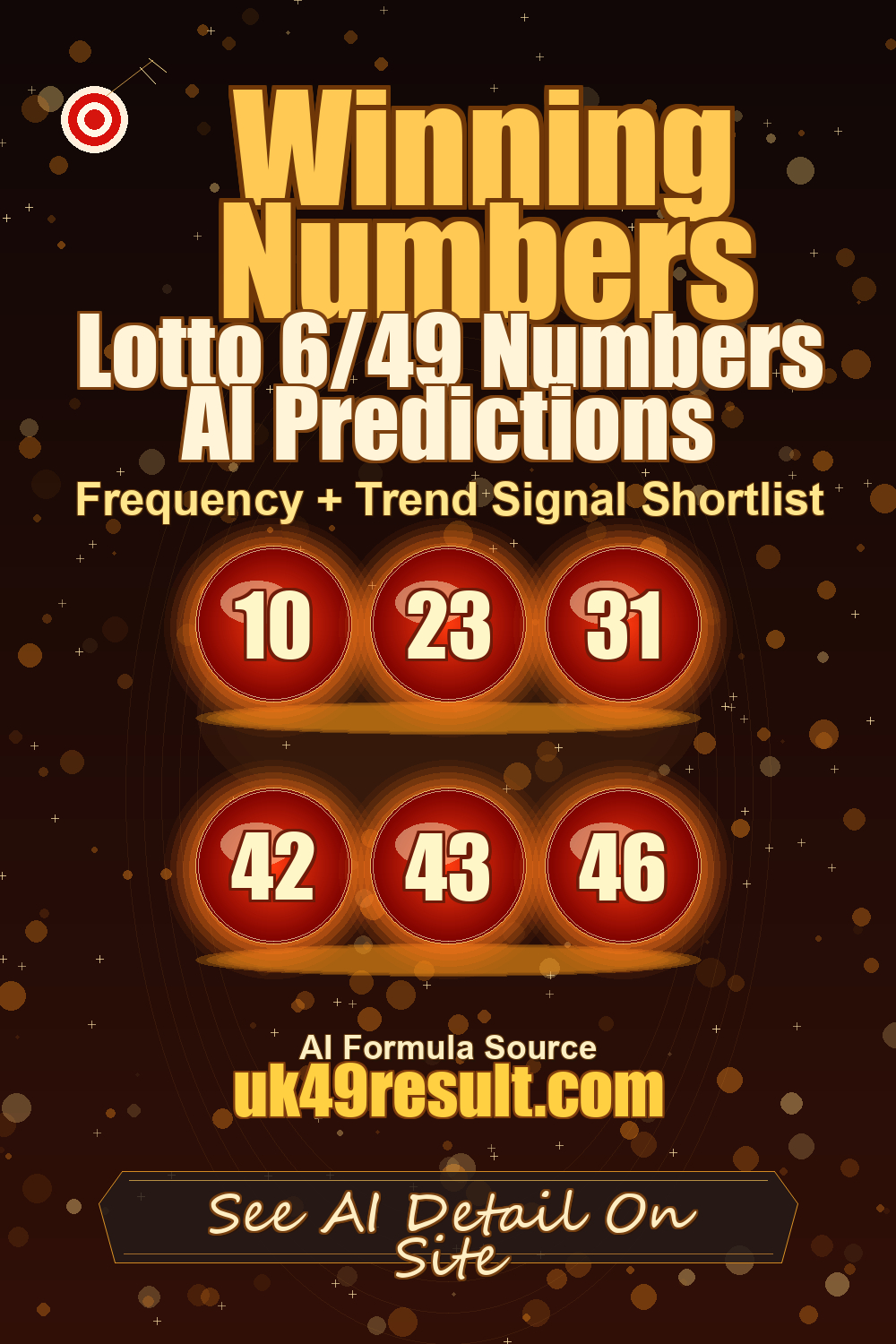 Lotto 6/49 Numbers AI Predictions image showing 10, 23, 31, 42, 43, 46