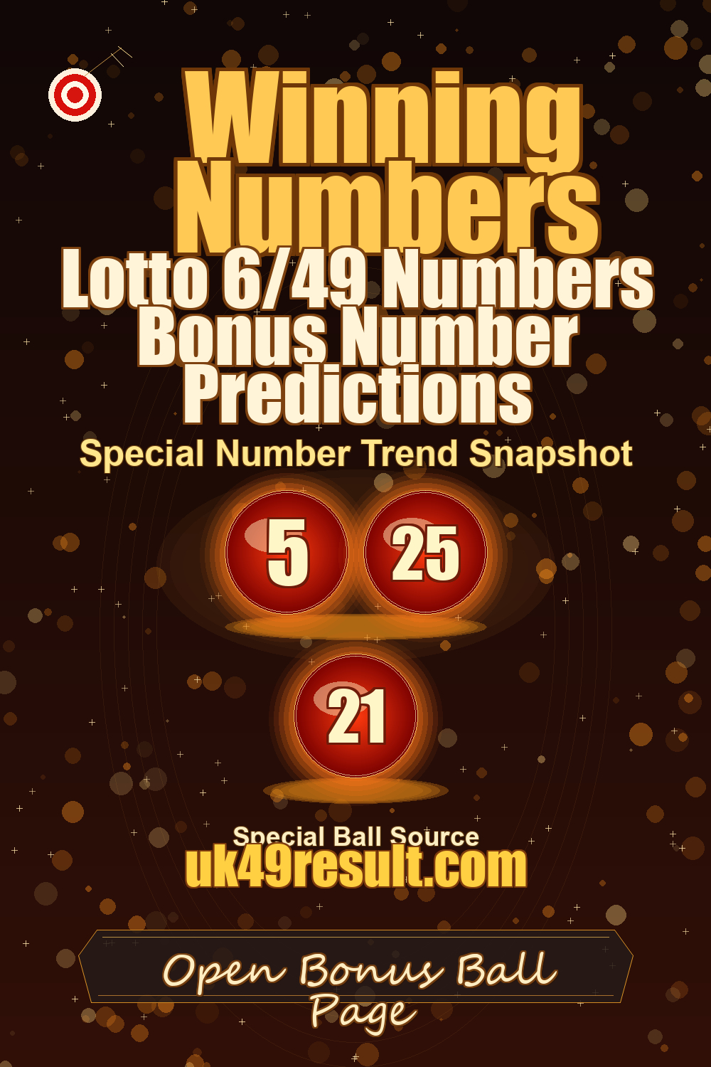 Lotto 6/49 Numbers Bonus Number Predictions image showing extra ball: 5, 25, 21