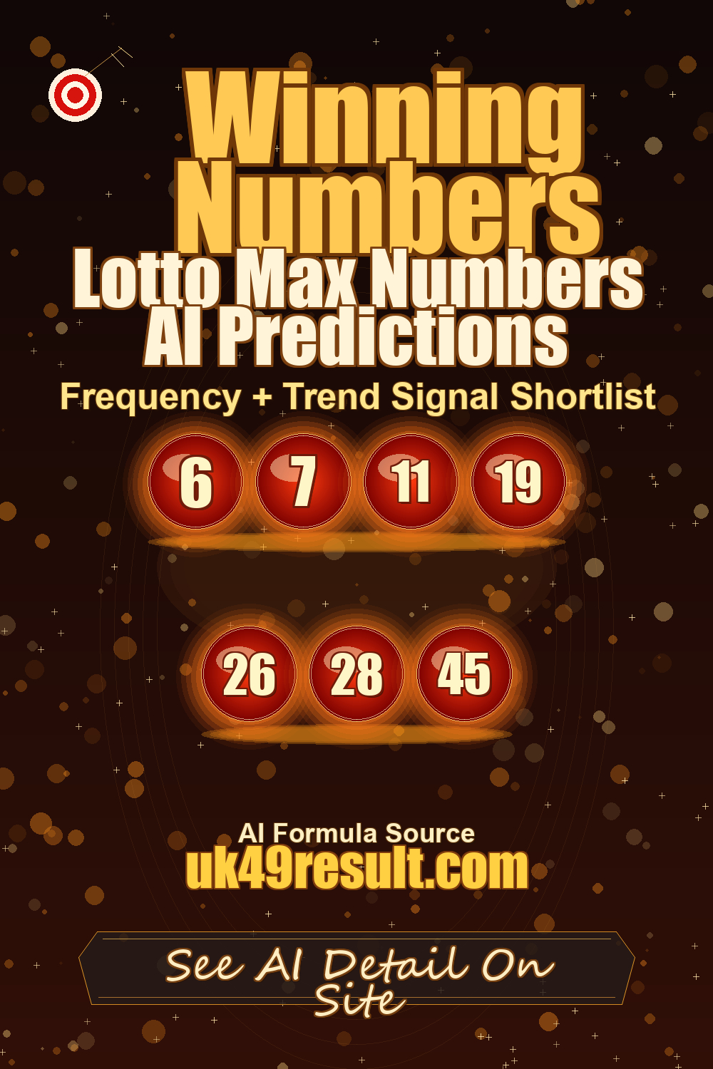 Lotto Max Numbers AI Predictions image showing 6, 7, 11, 19, 26, 28, 45