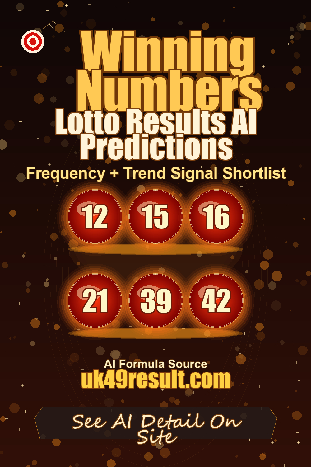Lotto Results AI Predictions image showing 12, 15, 16, 21, 39, 42