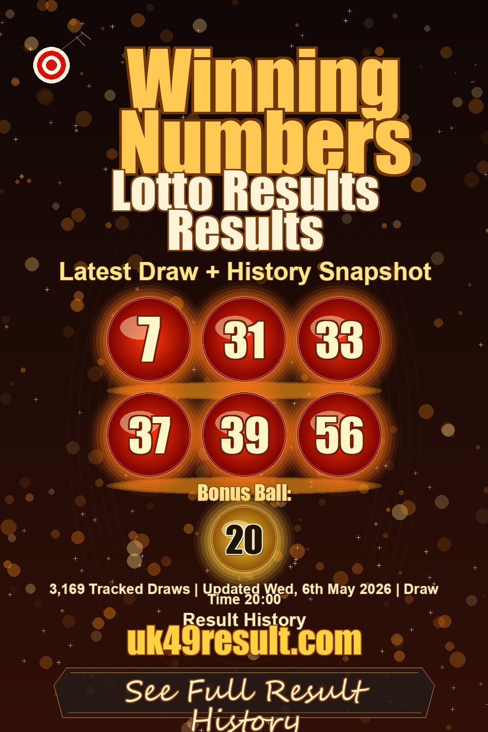 Lotto Results Results image showing 7, 31, 33, 37, 39, 56. bonus ball: 20