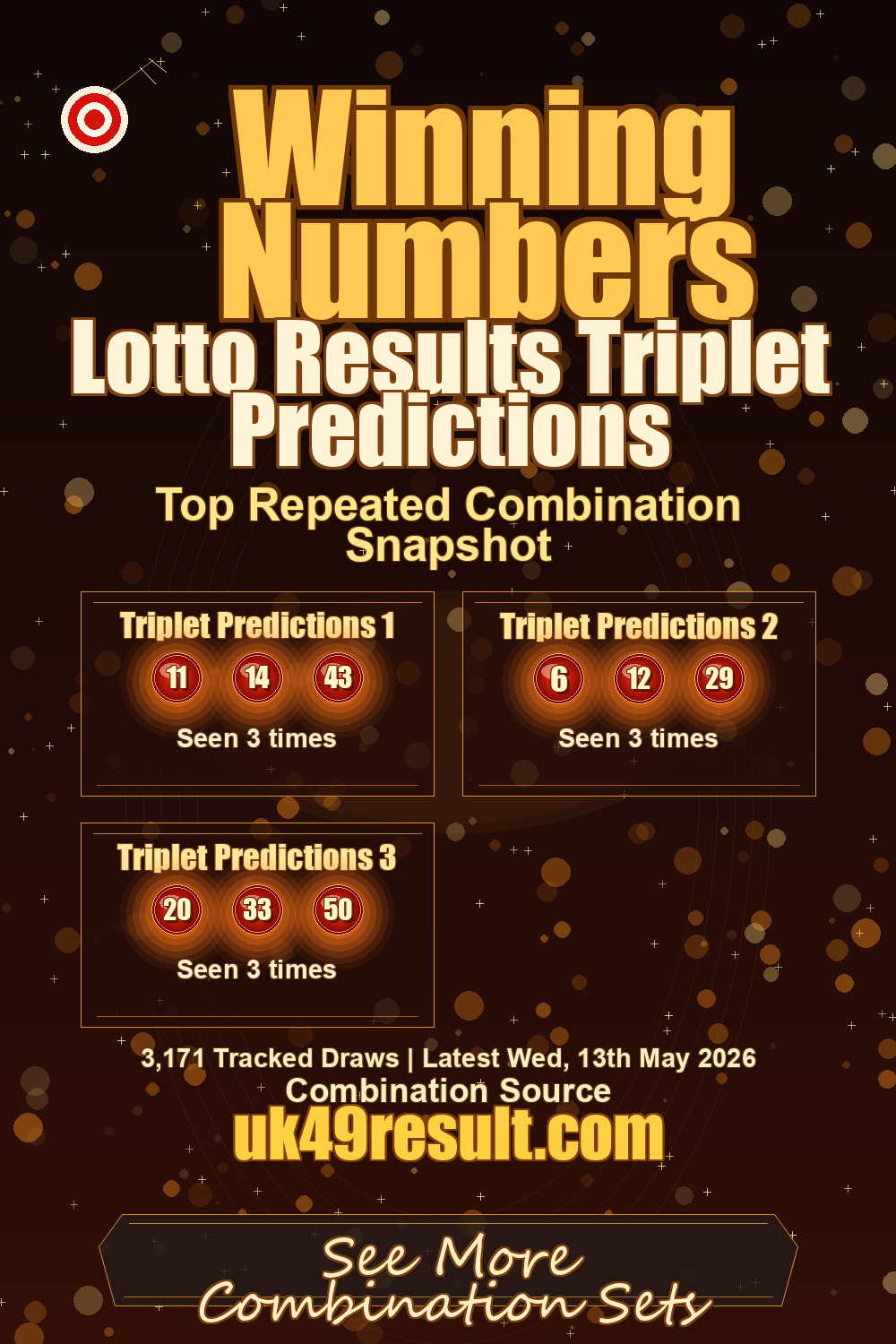 Lotto Results Triplet Predictions image showing triplet predictions 1: 11, 14, 43. triplet predictions 2: 6, 12, 29. triplet predictions 3: 20, 33, 50