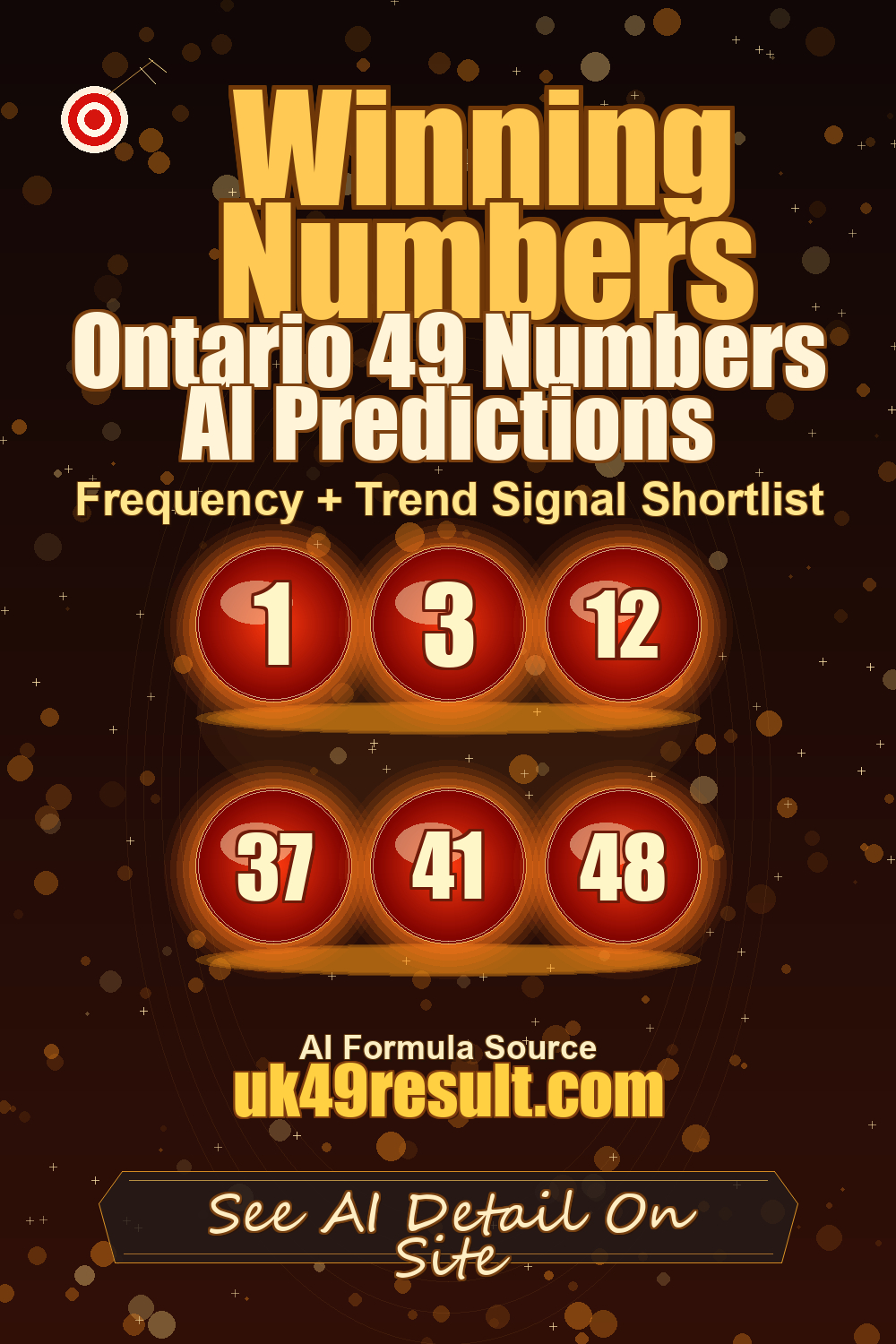 Ontario 49 Numbers AI Predictions image showing 1, 3, 12, 37, 41, 48