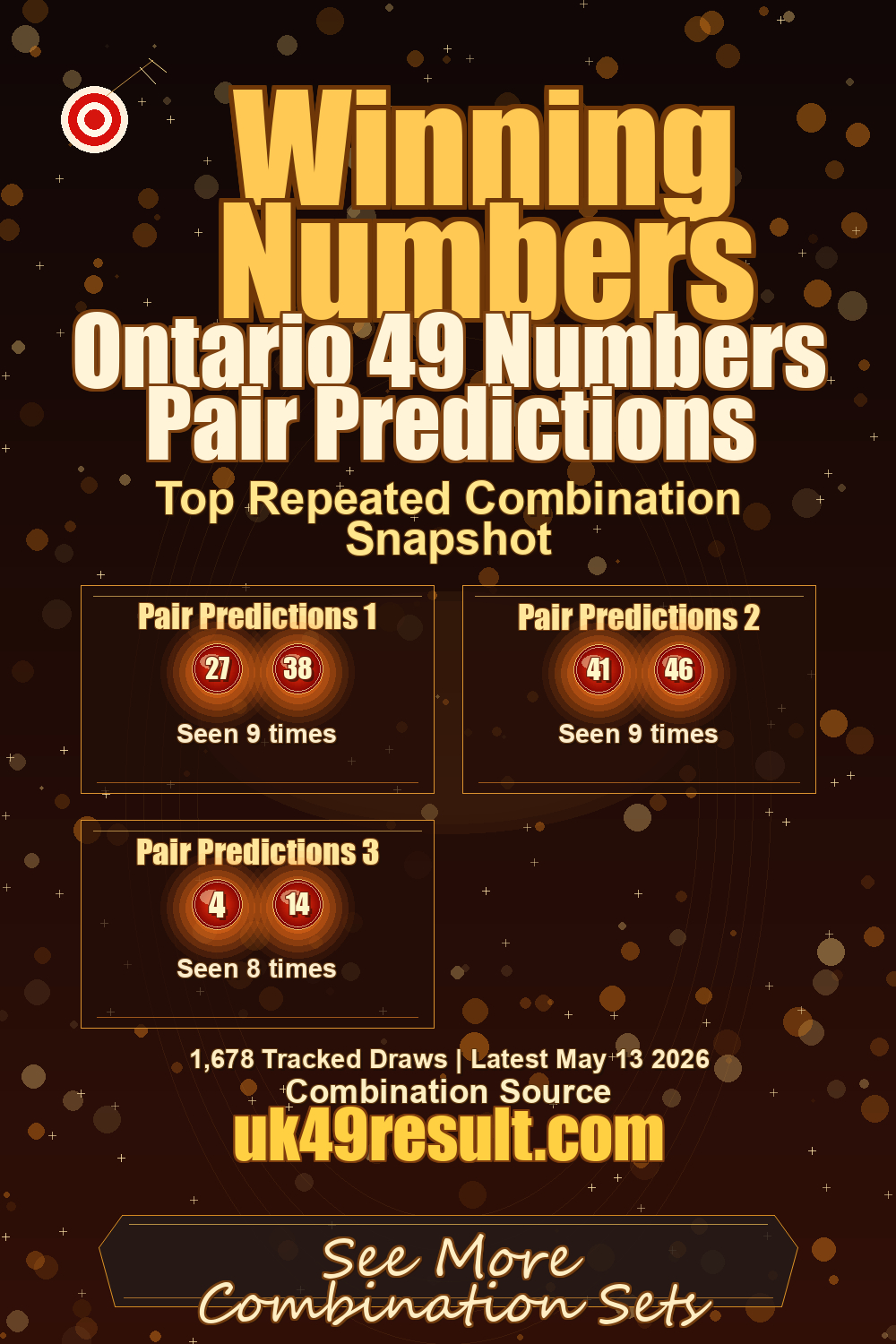 Ontario 49 Numbers Pair Predictions image showing pair predictions 1: 27, 38. pair predictions 2: 41, 46. pair predictions 3: 4, 14