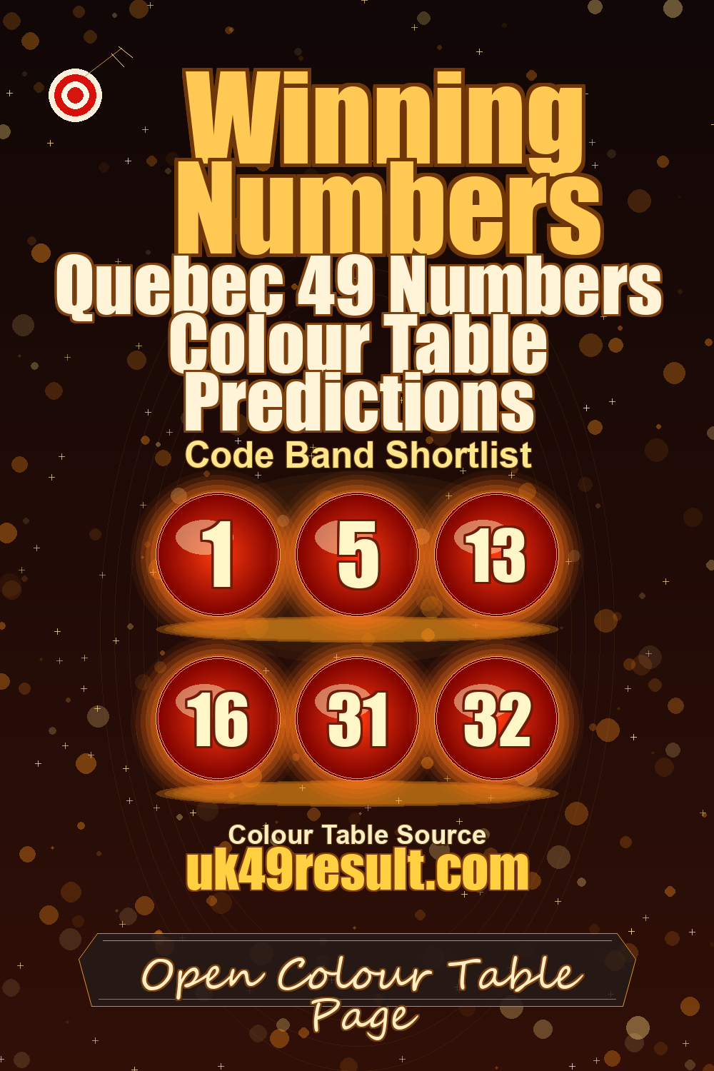 Quebec 49 Numbers Colour Table Predictions image showing 1, 5, 13, 16, 31, 32