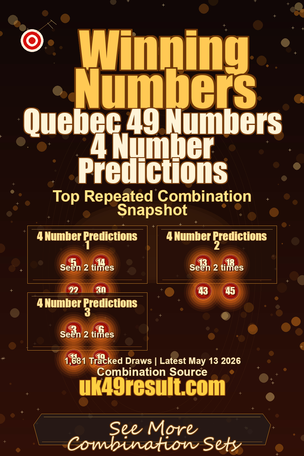 Quebec 49 Numbers 4 Number Predictions image showing 4 number predictions 1: 5, 14, 22, 30. 4 number predictions 2: 13, 18, 43, 45. 4 number predictions 3: 3, 6, 11, 19