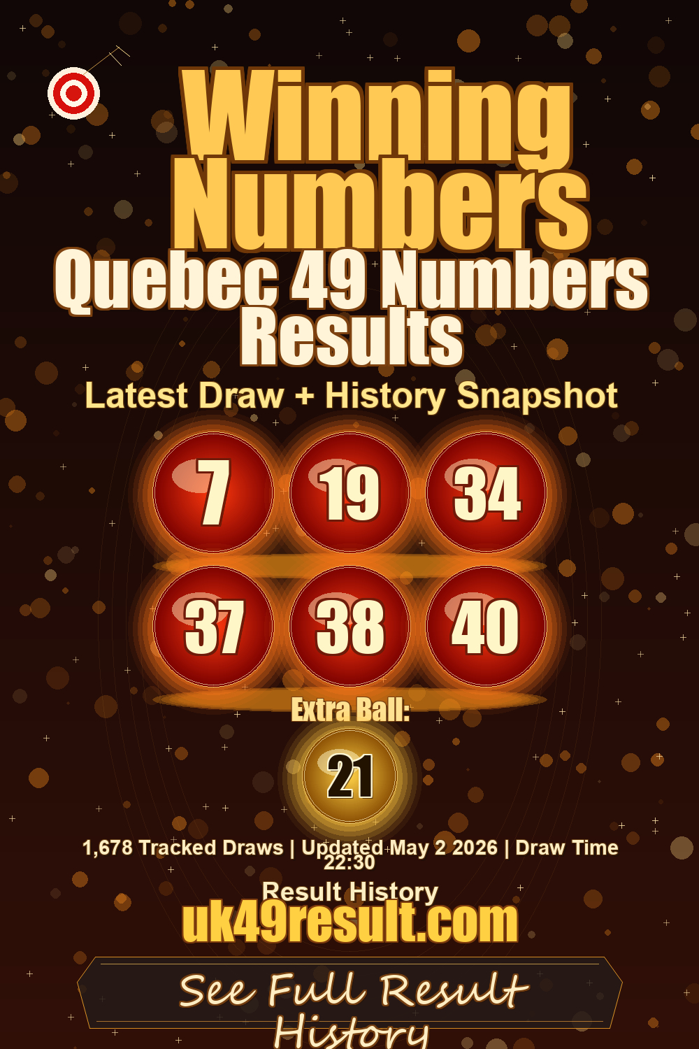 Quebec 49 Numbers Results image showing 7, 19, 34, 37, 38, 40. extra ball: 21