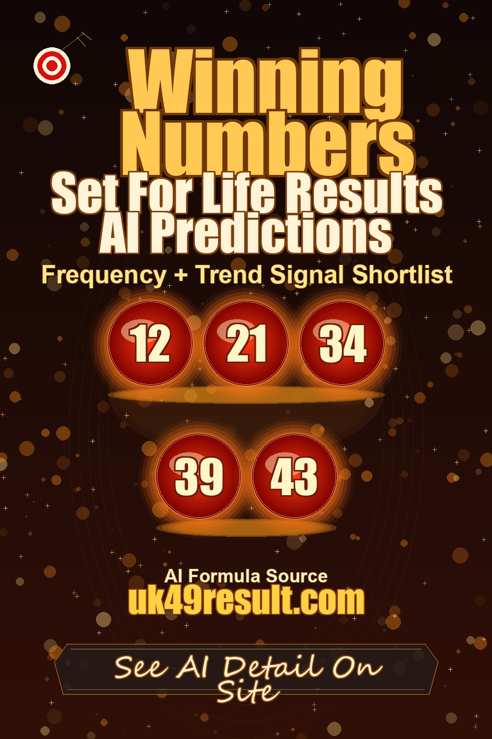 Set For Life Results AI Predictions image showing 12, 21, 34, 39, 43