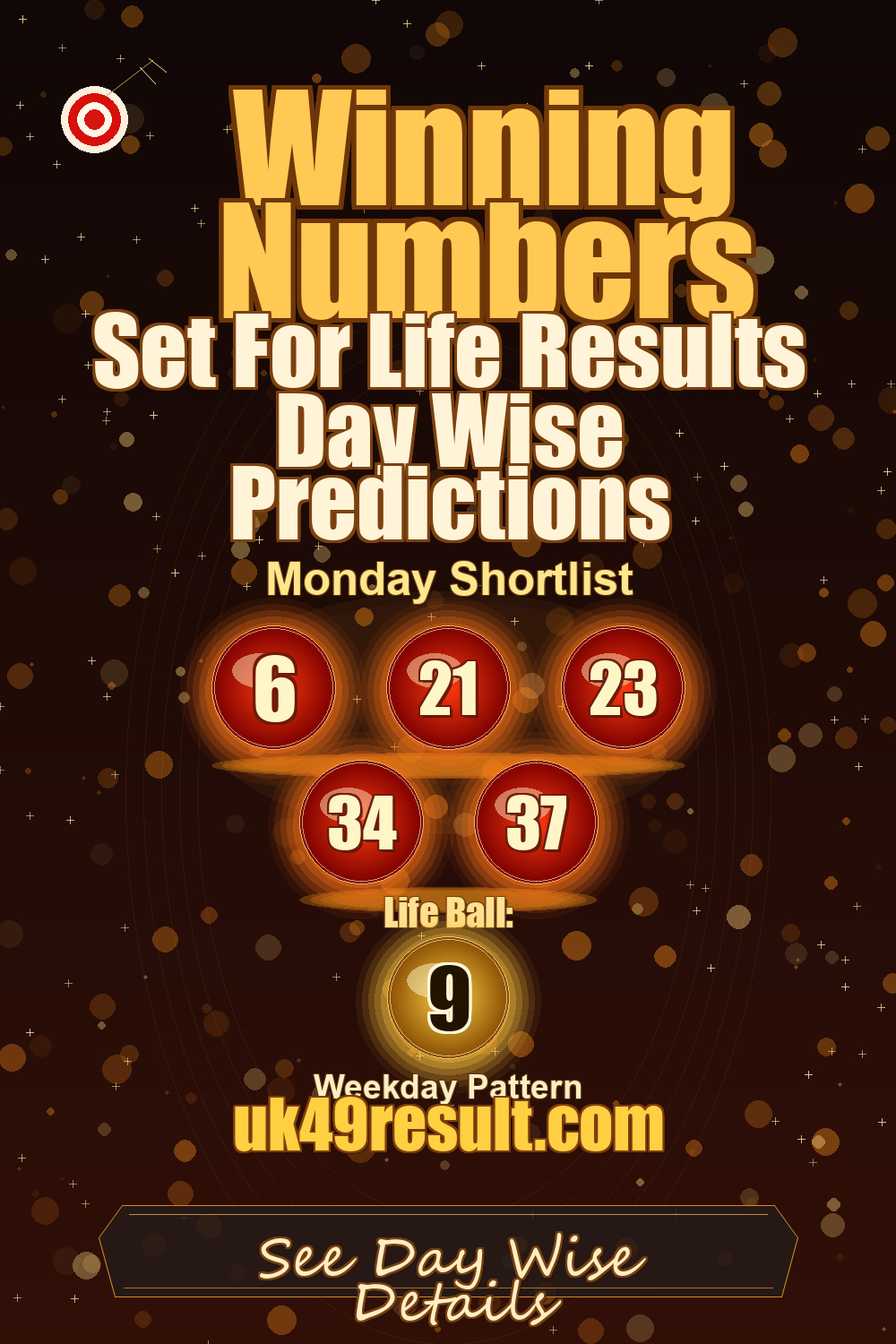 Set For Life Results Day Wise Predictions image showing 6, 21, 23, 34, 37. life ball: 9