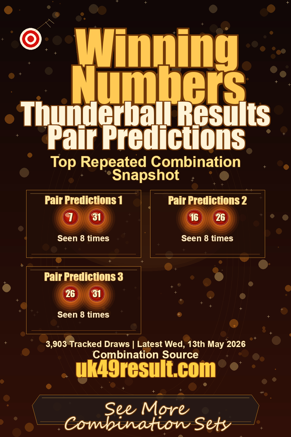 Thunderball Results Pair Predictions image showing pair predictions 1: 7, 31. pair predictions 2: 16, 26. pair predictions 3: 26, 31