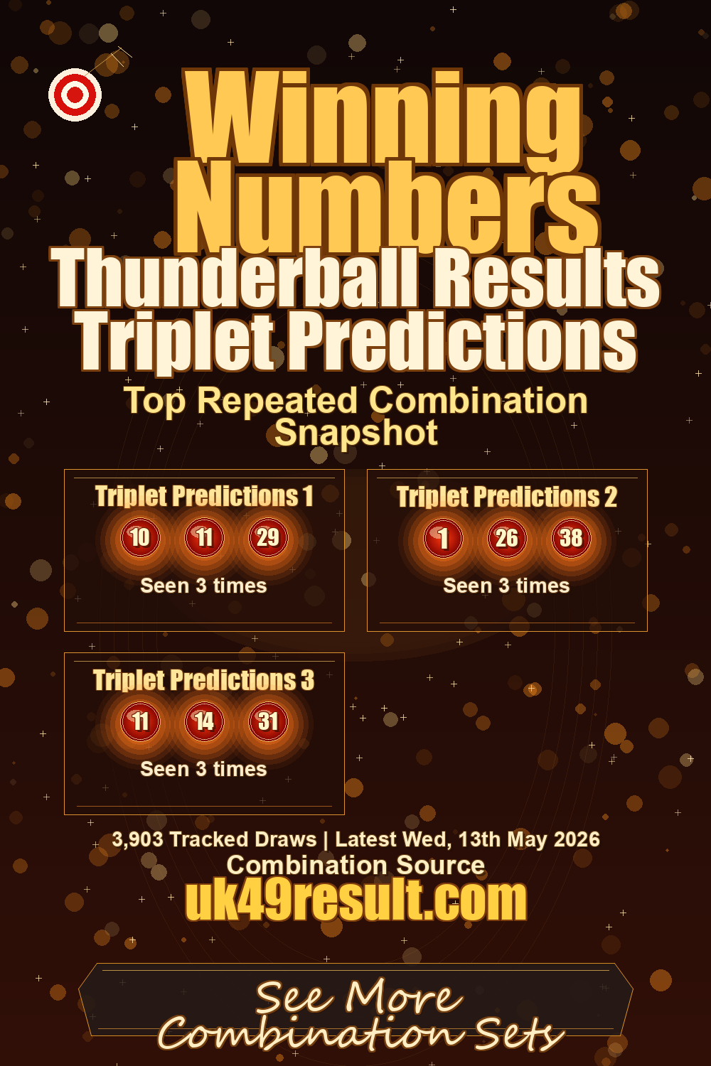 Thunderball Results Triplet Predictions image showing triplet predictions 1: 10, 11, 29. triplet predictions 2: 1, 26, 38. triplet predictions 3: 11, 14, 31