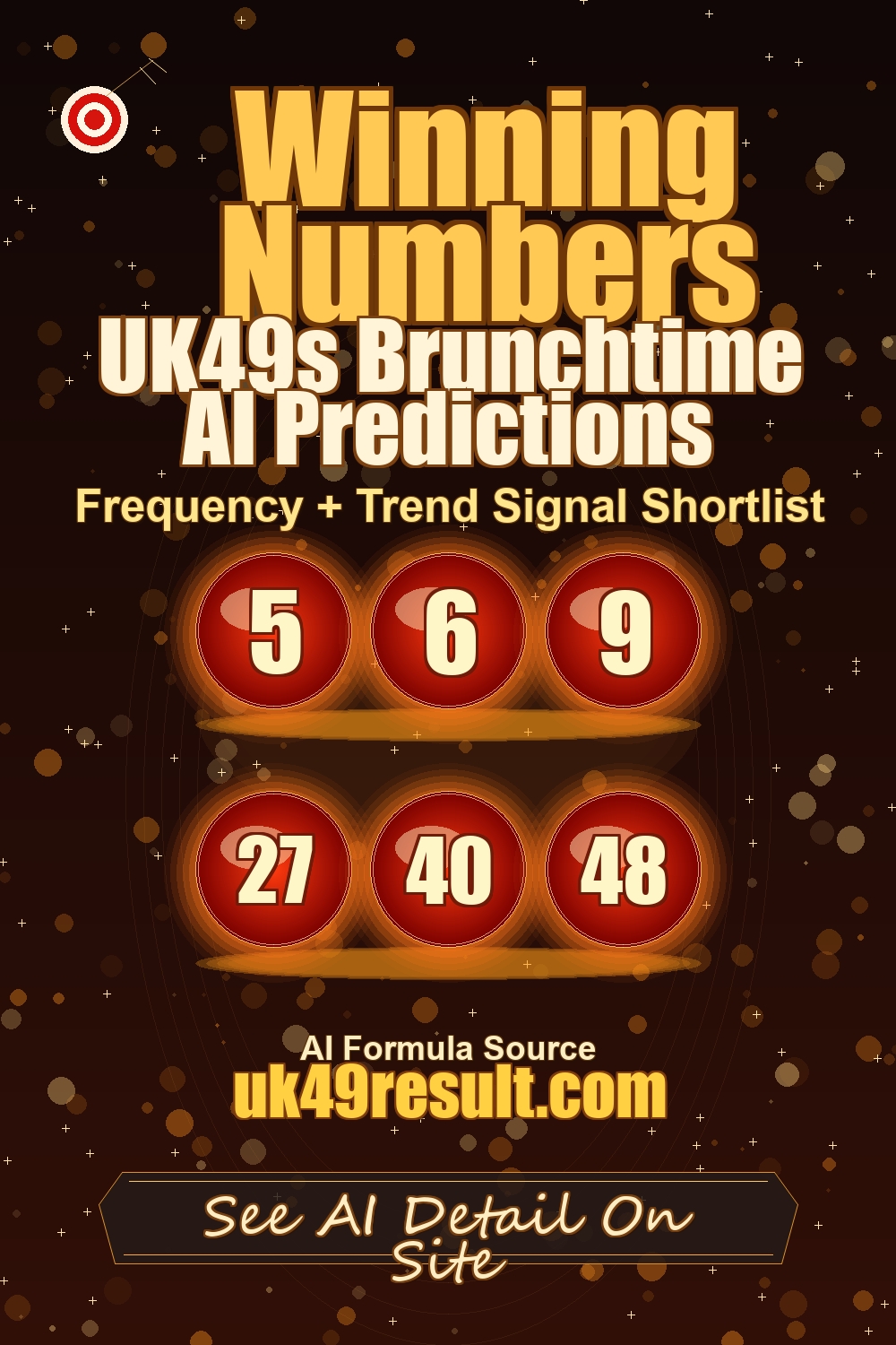 UK49s Brunchtime AI Predictions image showing 5, 6, 9, 27, 40, 48