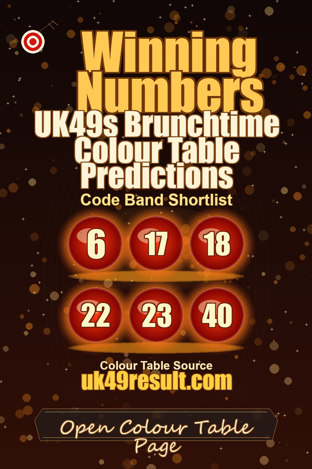 UK49s Brunchtime Colour Table Predictions image showing 6, 17, 18, 22, 23, 40
