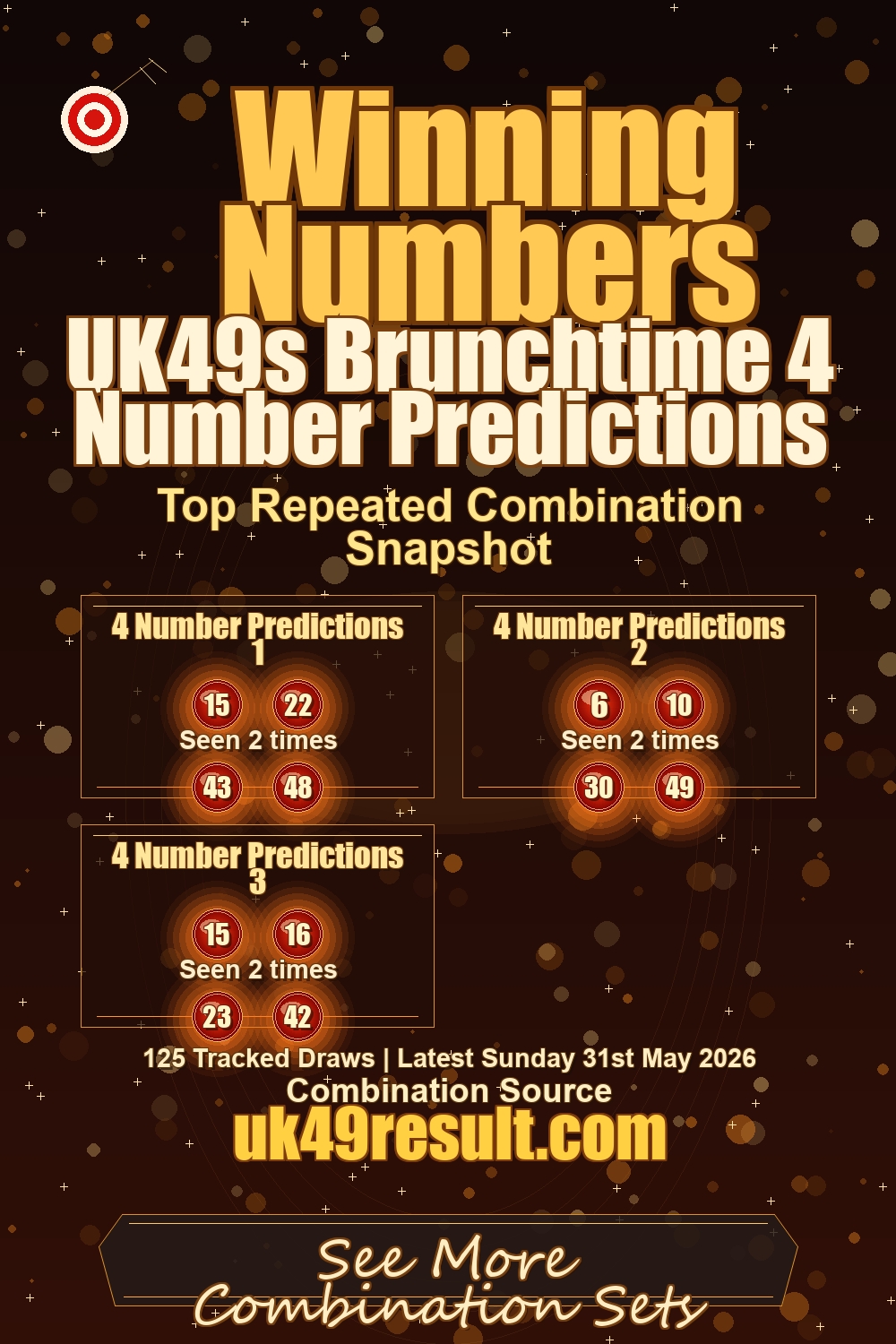 UK49s Brunchtime 4 Number Predictions image showing 4 number predictions 1: 15, 22, 43, 48. 4 number predictions 2: 6, 10, 30, 49. 4 number predictions 3: 15, 16, 23, 42