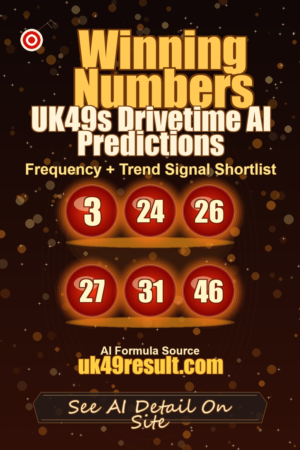 UK49s Drivetime AI Predictions image showing 3, 24, 26, 27, 31, 46