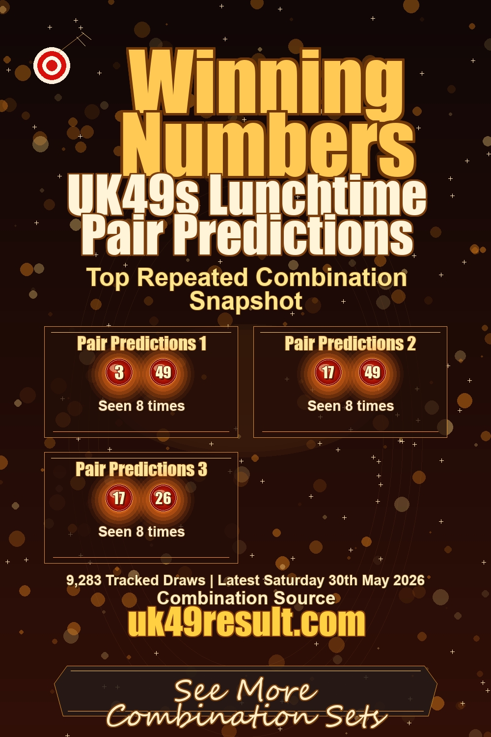 UK49s Lunchtime Pair Predictions image showing pair predictions 1: 3, 49. pair predictions 2: 17, 49. pair predictions 3: 17, 26