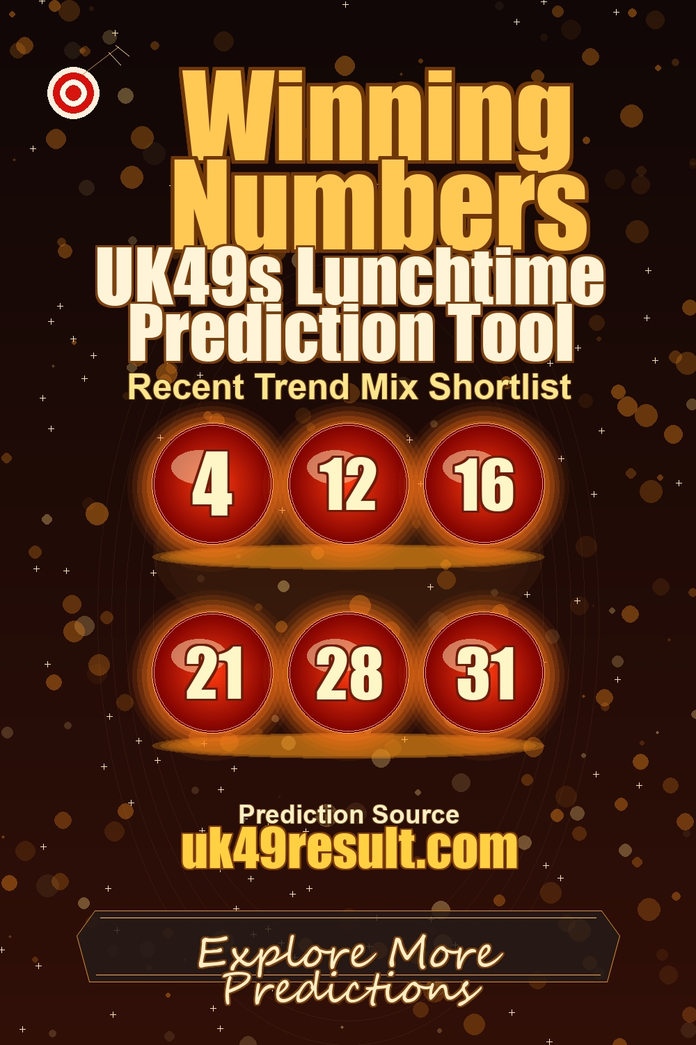 UK49s Lunchtime Prediction Tool image showing 4, 12, 16, 21, 28, 31