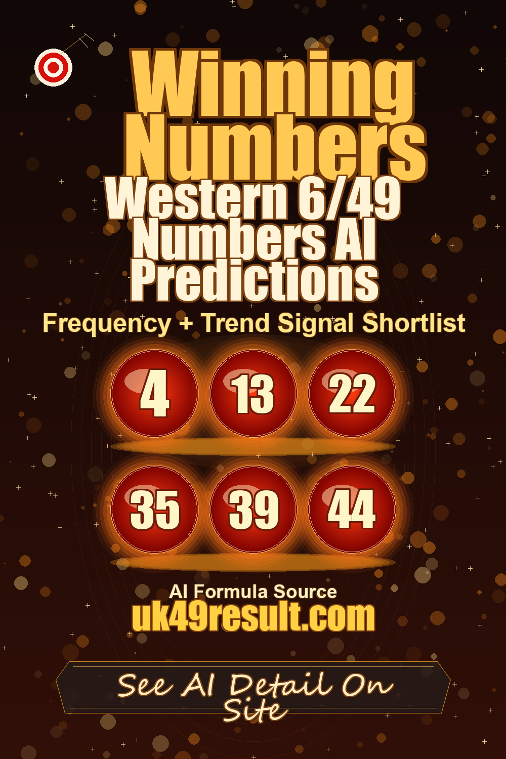 Western 6/49 Numbers AI Predictions image showing 4, 13, 22, 35, 39, 44
